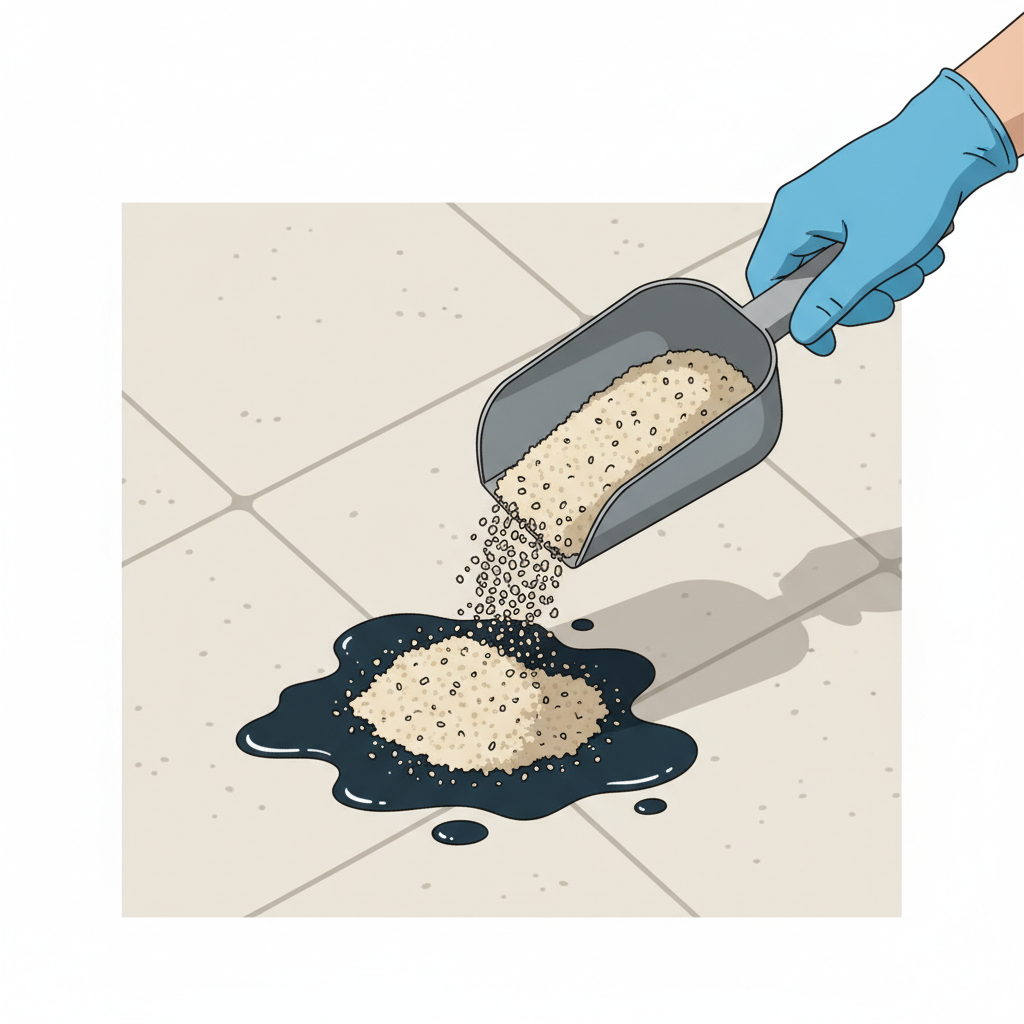 A detailed illustration depicting the immediate first aid for a fresh diesel spill. The scene shows a close-up, slightly overhead view of light-colored concrete pavers or stone slabs. A small, dark, and liquid diesel spill is clearly visible on the surface. A gloved hand (or just a generic hand) is actively pouring or sprinkling a generous amount of light-colored, granular absorbent material, such as cat litter or sawdust, directly onto the fresh diesel puddle. Some of the material should already be visibly absorbing the dark liquid. Flat illustration style with clean lines and a bright, clear color palette, focusing on the action and effectiveness of the absorbent material.