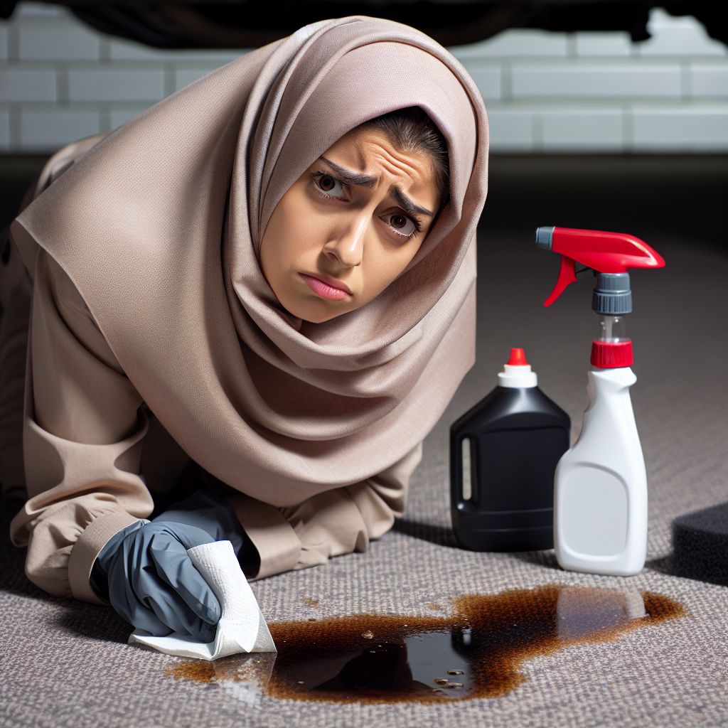 A person with a slightly bothered expression is diligently cleaning a small, dark diesel spill on a garage floor or car interior carpet. Cleaning supplies like paper towels, a sponge, and a spray bottle are visible, conveying the effort to remove a stubborn, unpleasant odor. The scene should feel practical and focused on remediation, with a subtle hint of the challenging smell.
