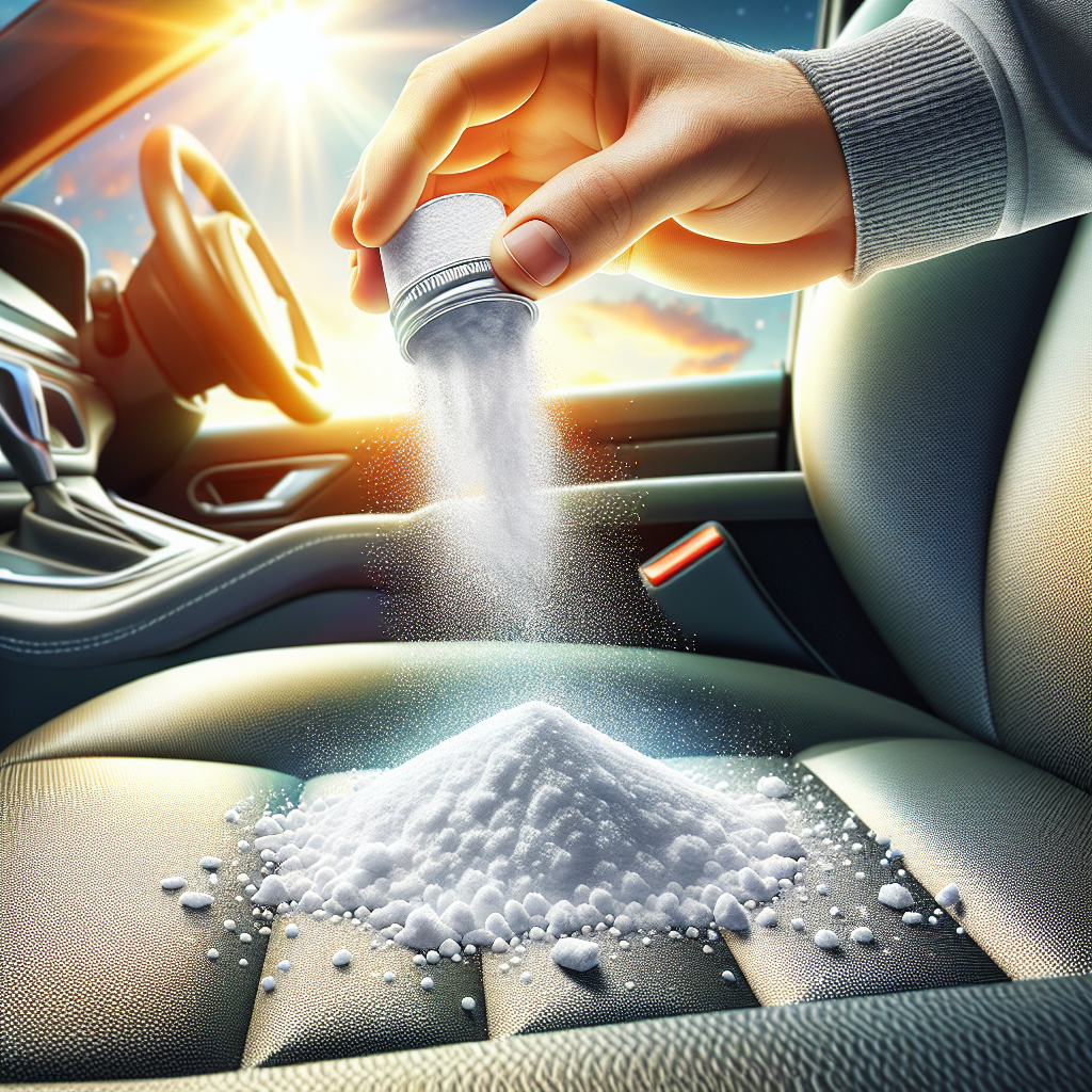 A close-up, dynamic shot of white baking soda (Natron) powder being generously sprinkled from a hand onto a section of a car seat or a piece of fabric, visually representing the absorption of an unpleasant diesel smell. The focus is on the powder actively working to neutralize the odor, suggesting freshness and a clean outcome in a bright, clean, illustrative style.