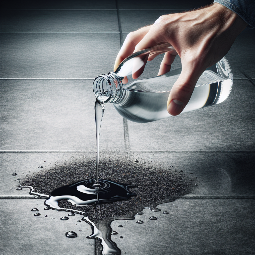 A close-up, high-angle shot of a hand pouring clear white household vinegar from a simple glass bottle onto a small, dark diesel spill on a textured, grey garage floor. A subtle, transparent wave visually represents the strong diesel odor dissipating and being neutralized by the vinegar. The scene is realistic and detailed, with natural, bright lighting.