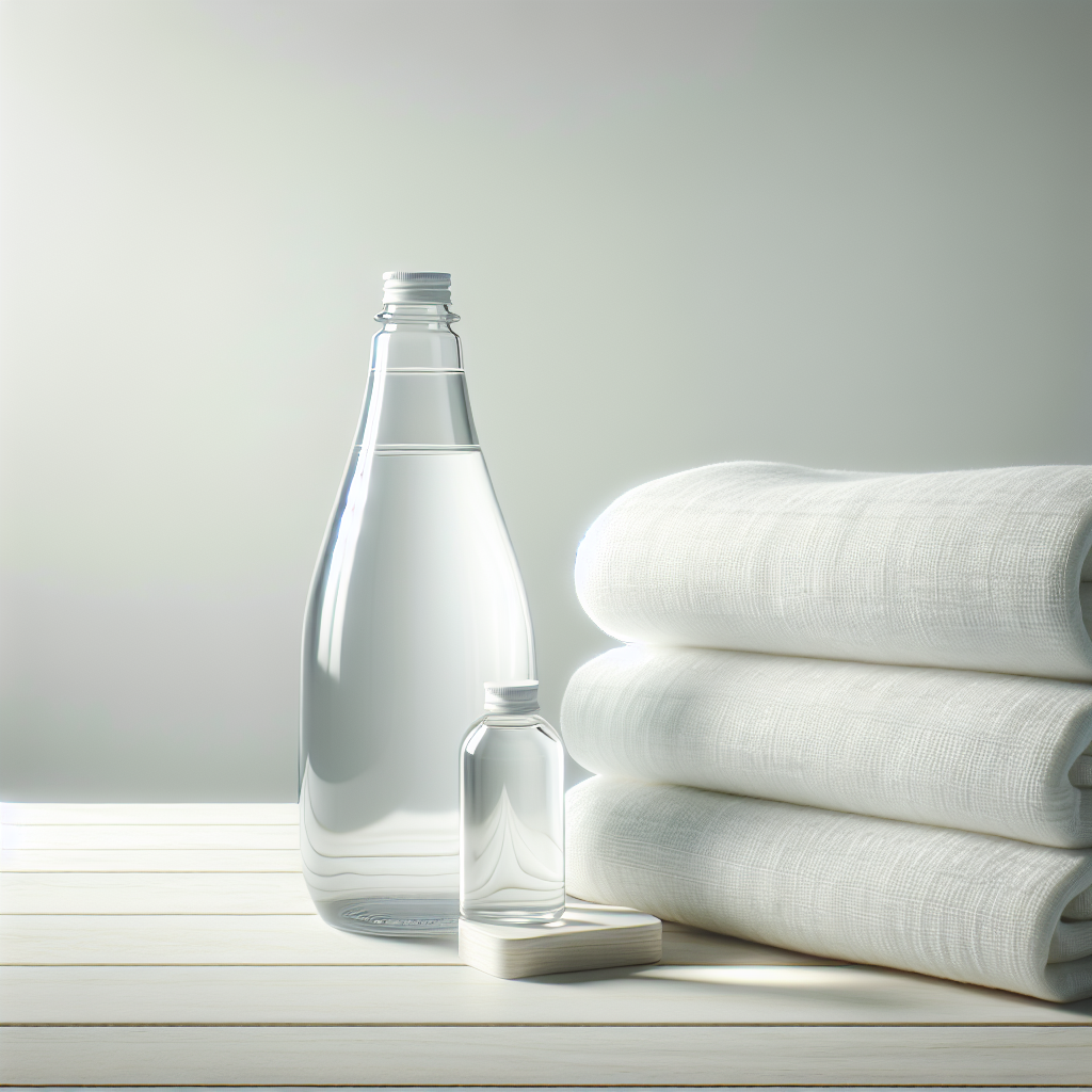 A bright, clean, and refreshing scene featuring a neatly folded stack of soft, white laundry or towels on a light wooden surface. In the soft-focus background, a simple, clear bottle of white household vinegar is visible. The overall image evokes a strong sense of freshness, cleanliness, and the complete absence of any unpleasant odors. Soft, natural light, modern, minimalistic style.