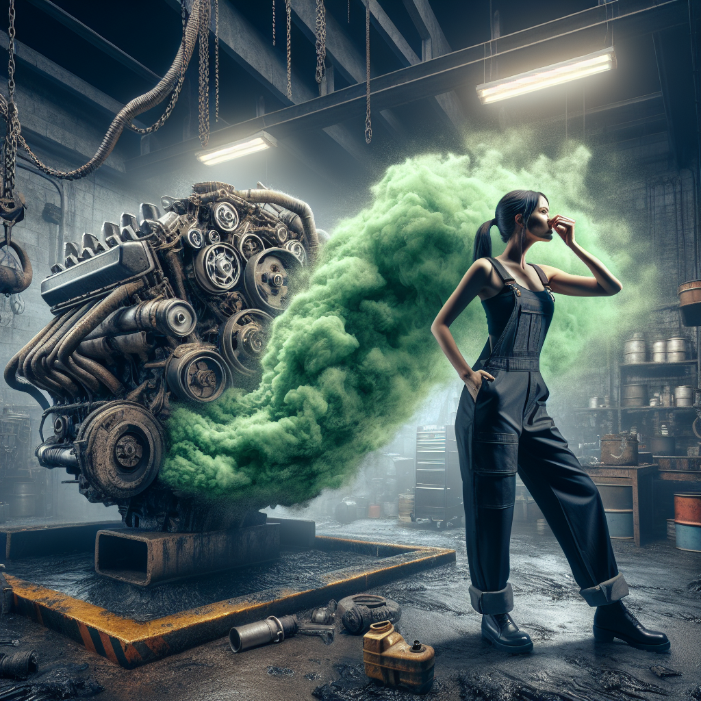 A dramatic and evocative image illustrating the overwhelming and unpleasant smell of diesel fuel emanating from a car engine bay in a garage. The air around the engine is hazy with a visible, stylized 'smell cloud' effect, green or brownish, signifying the intensity. A person in the background is slightly recoiling, holding their nose, conveying discomfort. The setting is somewhat industrial and grimy, emphasizing the stubbornness of the odor. Realistic, high detail.