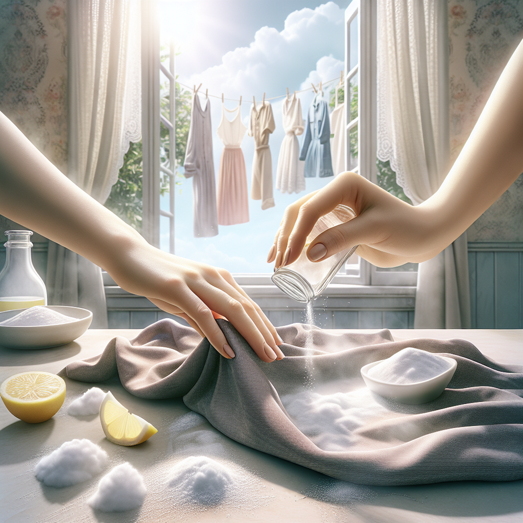 A clean and bright scene demonstrating the neutralization of a persistent diesel odor. A pair of hands is carefully applying baking soda and a lemon slice onto a dark fabric, perhaps a piece of clothing, spread on a clean surface. In the background, clothes are hanging outdoors in bright sunlight, gently swaying. The overall impression is one of freshness, cleanliness, and the effective removal of unwanted smells. Soft lighting, realistic style.