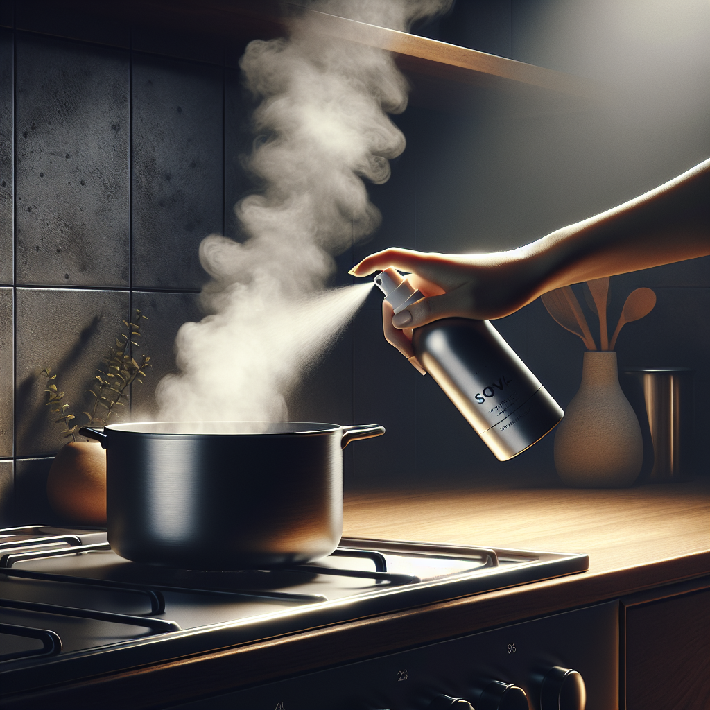 A modern kitchen interior showing a subtle, lingering haze of smoke after a minor cooking incident, with a slightly burnt pot visible on the stovetop. A human hand, holding a sleek, minimalist spray bottle labeled 'Dipure Brandgeruch Entferner' (with brand visible), is actively spraying a fine mist into the air, targeting the source of the odor. The overall lighting should be transitioning from slightly dim and smoky to a hint of incoming freshness, emphasizing the action of neutralizing bad smells. Realistic photography, natural light.