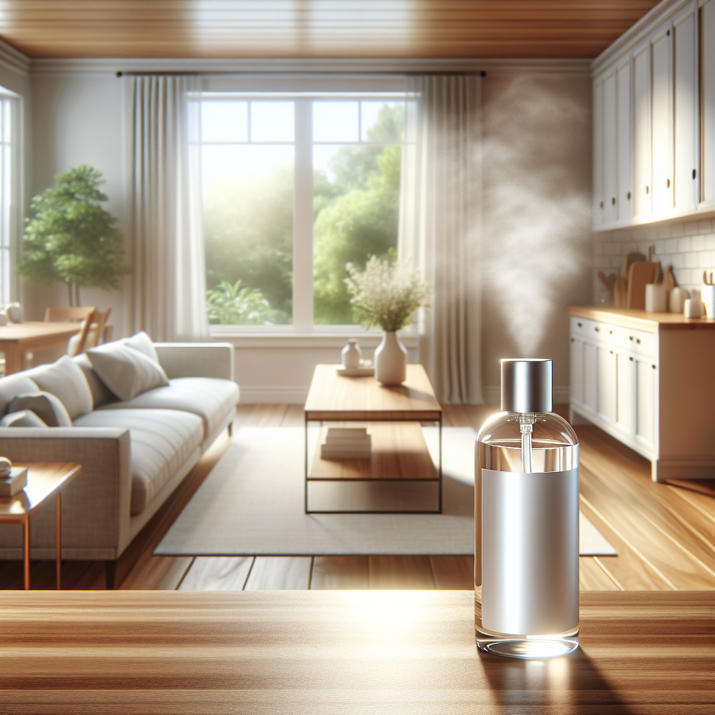 A bright, inviting, and impeccably clean living space – could be a kitchen or living room – bathed in warm, natural sunlight streaming through a large window. The air looks visibly clear and fresh, conveying a strong sense of purity, comfort, and relief. There are absolutely no signs of smoke or unpleasant odors. A stylish, modern bottle of 'Dipure Brandgeruch Entferner' is tastefully placed on a clean wooden table or countertop, subtly indicating the product's role in achieving this pristine environment. Realistic, high-key photography.