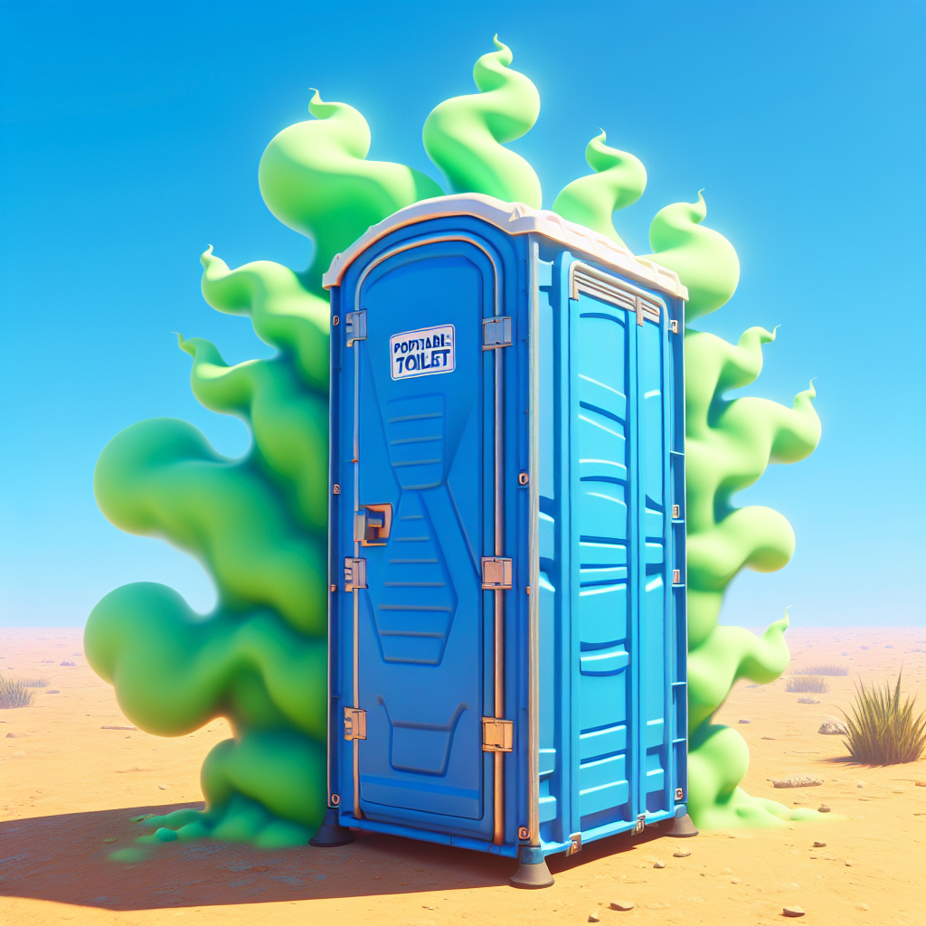 A vibrant blue portable toilet (Dixi Klo) in a slightly dusty outdoor setting, with visible, cartoon-like green wavy lines of unpleasant odor wafting conspicuously from its open door. The scene conveys a strong, bad smell. Realistic photo style, high detail.