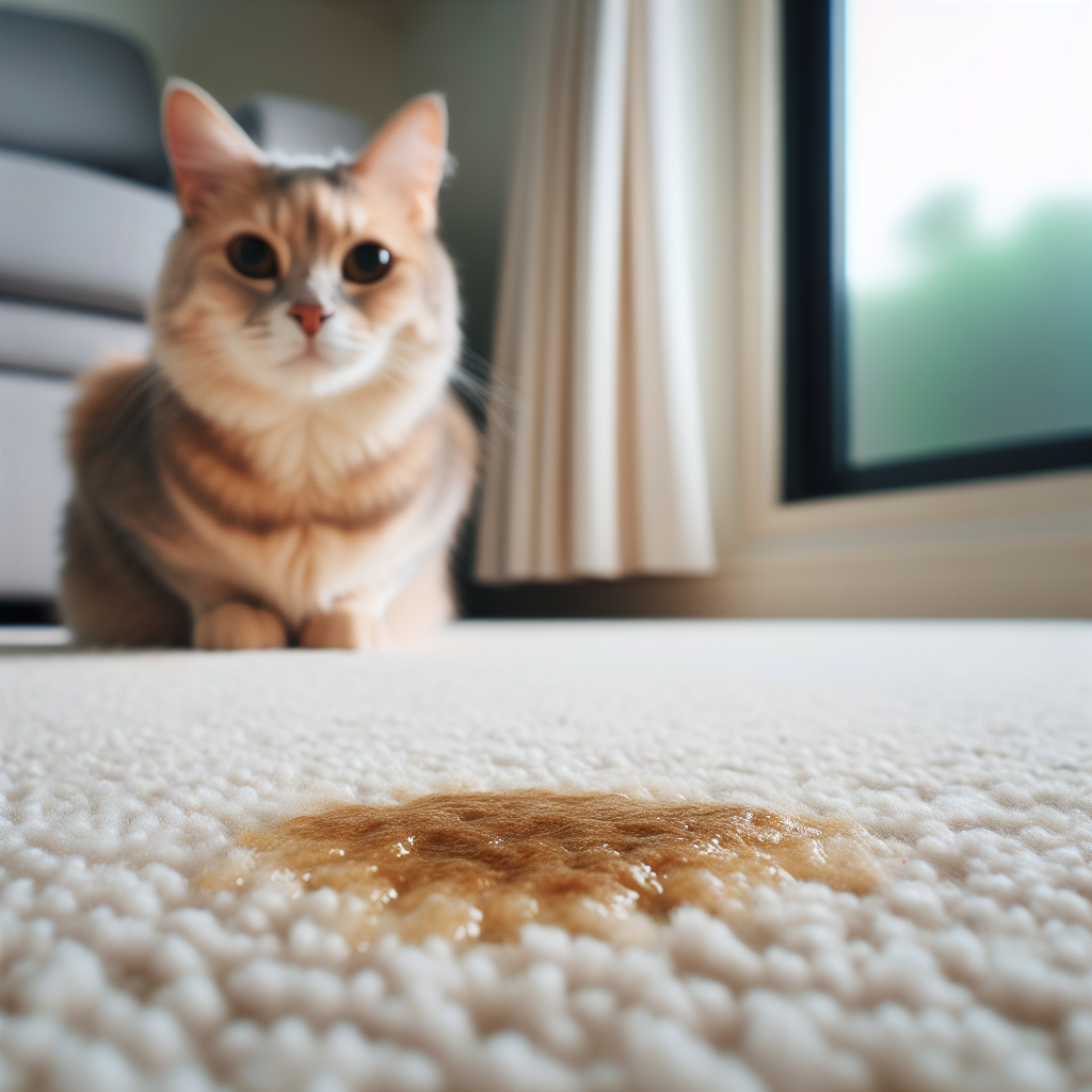 A close-up, slightly elevated shot of a small, damp-looking spot on a light-colored carpet, subtly hinting at a cat urine stain. In the background, slightly out of focus, a cute, domestic cat sits calmly, looking innocently at the viewer. The overall atmosphere suggests a common household problem, with natural indoor lighting.