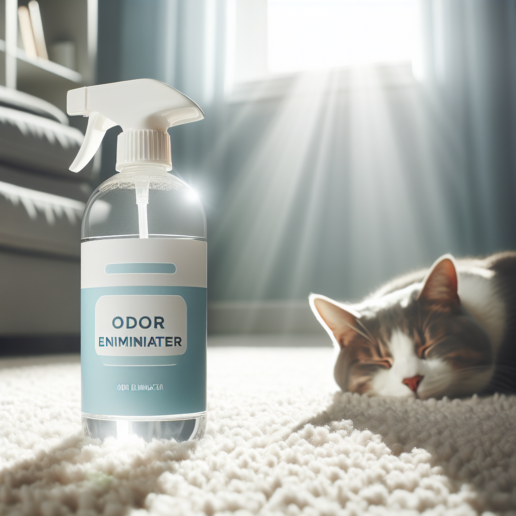 A clear, well-lit photograph featuring a bottle of 'Dr Beckmann Geruchsentferner Katzenurin' prominently placed on a pristine, fresh-looking carpet. Sunlight streams into the room, illuminating the product and making the carpet appear spotless. In the background, a contented, relaxed cat is peacefully napping, suggesting an odor-free, clean home environment.
