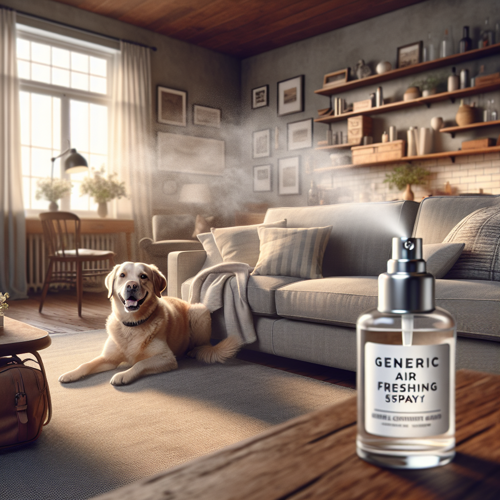 A cozy living room scene with a happy, relaxed dog sleeping on a sofa. Subtle visual hints of everyday odors, like a sports bag or a faint, dissipating cooking aroma in the background. A prominent Dr Beckmann Geruchsentferner spray bottle sits on a coffee table, emitting a gentle, fresh, clean mist that visually transforms the air, making the room appear bright and revitalized. Realistic, inviting atmosphere, soft lighting.