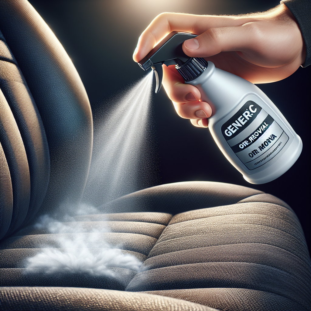 A close-up shot of a hand holding a Dr Beckmann Geruchsentferner spray bottle, actively spraying a fine mist onto a dark fabric car seat or a plush sofa cushion. The area receiving the spray should visibly transform, looking instantly cleaner and refreshed, symbolizing odor elimination. The Dr Beckmann brand label on the bottle is clearly legible. Realistic, detailed, emphasizing the product's direct application and effectiveness.
