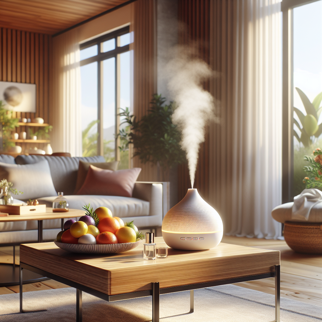 A brightly lit, clean living room with a large window wide open, letting in abundant fresh air and natural light. On a polished wooden coffee table, there's a stylish essential oil diffuser emitting a gentle mist and a decorative bowl filled with fresh citrus fruits (lemons and oranges). The overall atmosphere is one of inviting freshness, symbolizing effective odor removal. Photorealistic, high detail, warm inviting tones.