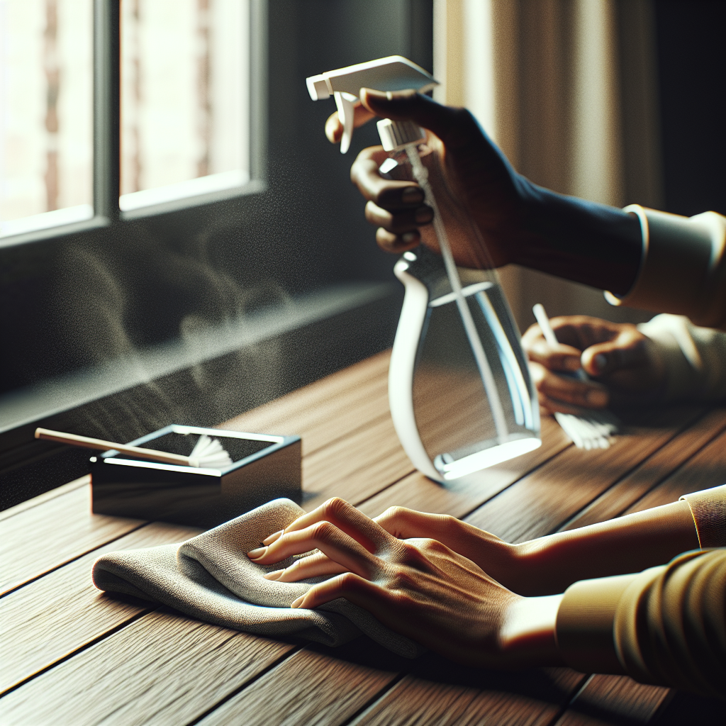 A close-up shot of hands actively wiping down a surface, like a wooden tabletop, with a cleaning cloth and a spray bottle. In the slightly blurred background, an ashtray is being emptied into a small waste bin, and a window is visibly open, allowing a refreshing breeze to enter. The image should capture the action of deep cleaning and the immediate sensation of air purification and freshness. Realistic, dynamic, with a focus on hygiene and revitalization.