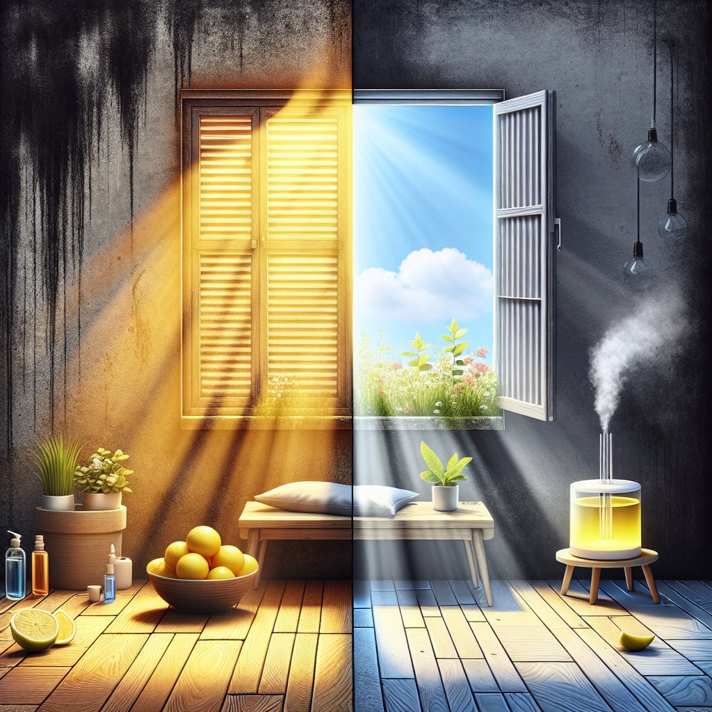 A visually striking contrast: On one side, a subtly dim and slightly desaturated corner of a room, hinting at stale air or a hidden dampness, conveying a persistent, unpleasant odor. On the other side, a vibrant, sunlit scene with an open window allowing fresh air and natural light to stream in, accompanied by natural odor neutralizers like a bowl of sliced lemons, a sprig of fresh mint, and an elegant essential oil diffuser emitting a gentle, refreshing mist. The overall aesthetic should be clean, modern, and hopeful, illustrating freshness conquering staleness. High-quality digital illustration.