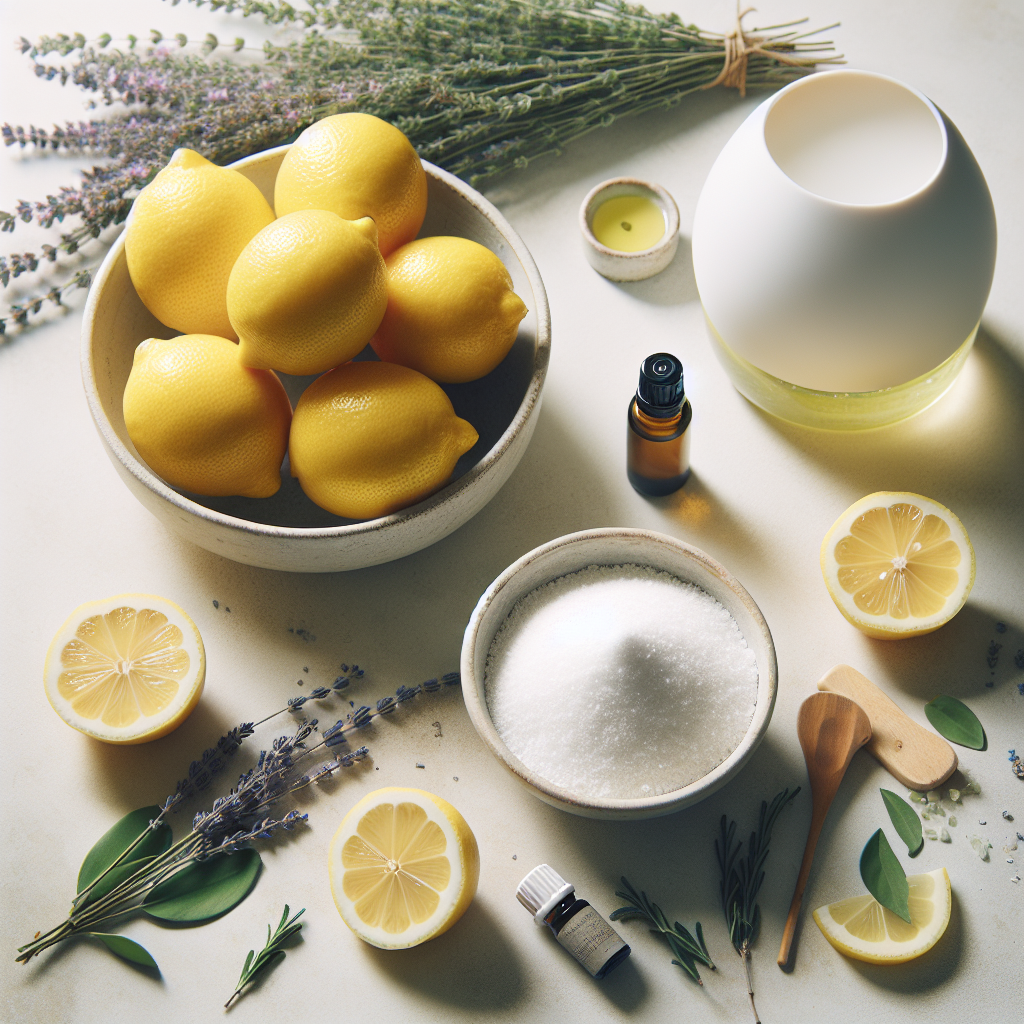A beautifully composed flat lay or top-down shot on a clean, light-colored kitchen or bathroom counter. Neatly arranged are various natural elements symbolizing effective, natural odor solutions: a bowl of bright yellow lemons, a small glass jar filled with white baking soda infused with a few drops of essential oil, fresh sprigs of lavender or eucalyptus, and a minimalist ceramic essential oil diffuser. The scene is bathed in soft, natural daylight, creating a fresh, clean, and inviting atmosphere. Photography style, bright and airy with a shallow depth of field.