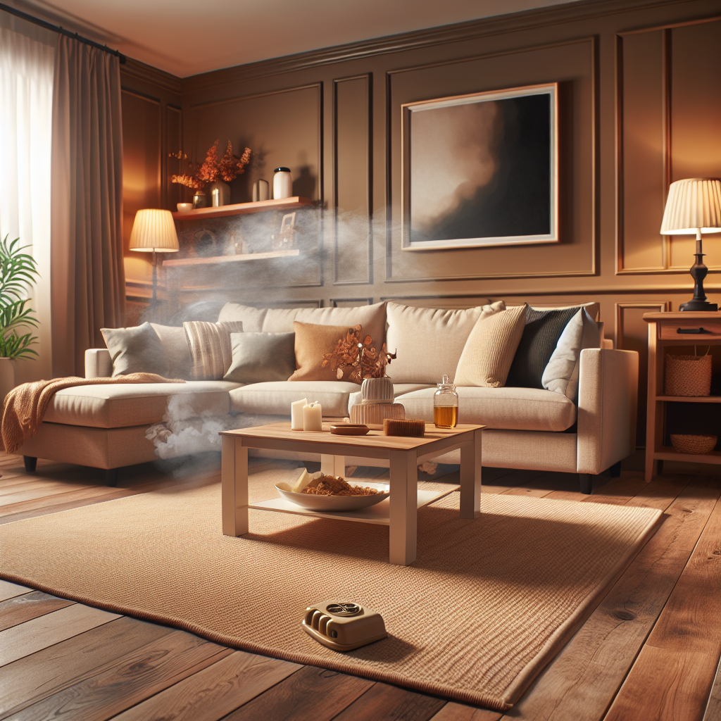 A cozy but subtly stale-feeling living room, with a faint, almost invisible wisp of unpleasant odor lingering in the air. The atmosphere is slightly oppressive, hinting at persistent smells like old food or pet odor, making the space feel less inviting. Realistic photography style, warm but muted colors.