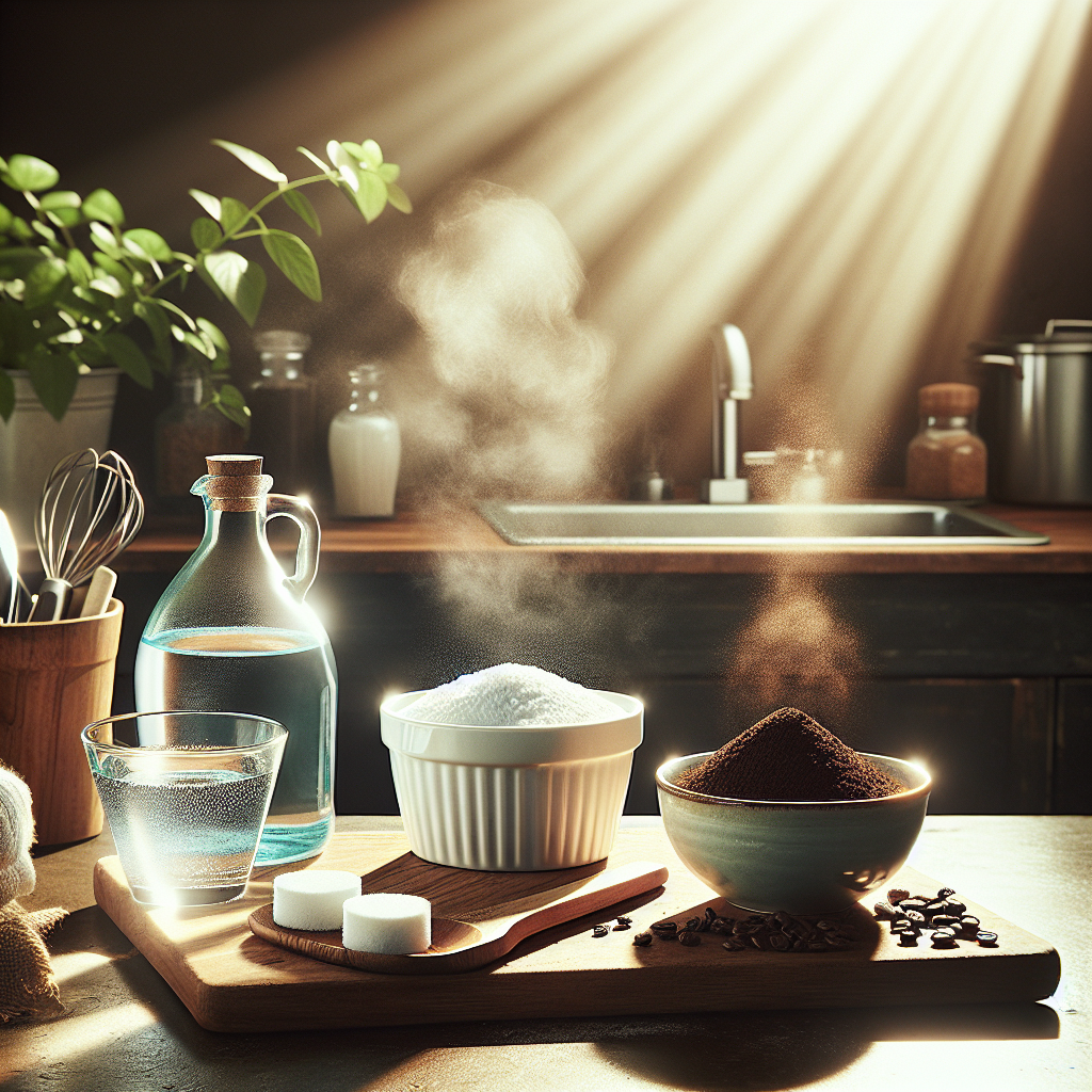 A bright, clean kitchen counter with common household items used for odor neutralization: a small bowl of white vinegar, a container of baking soda, and a dish of fresh coffee grounds. Sunlight streams in, creating a fresh, airy atmosphere, emphasizing cleanliness and the natural, effective solutions. Realistic, bright photography style.