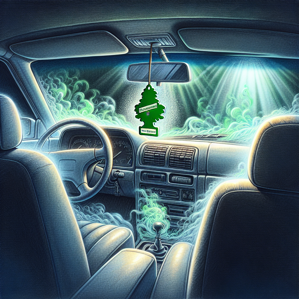 A car interior depicted with a visually overwhelming, artificial, and sickly sweet scent. The air inside the car appears hazy with an artificial, almost glowing green or blue tint, representing an intense and undesirable air freshener smell. A classic green tree-shaped air freshener hangs subtly from the rearview mirror, but the focus is on the oppressive, stifling atmosphere within the cabin. The overall mood is one of discomfort and an urgent need for removal. Realistic, detailed.