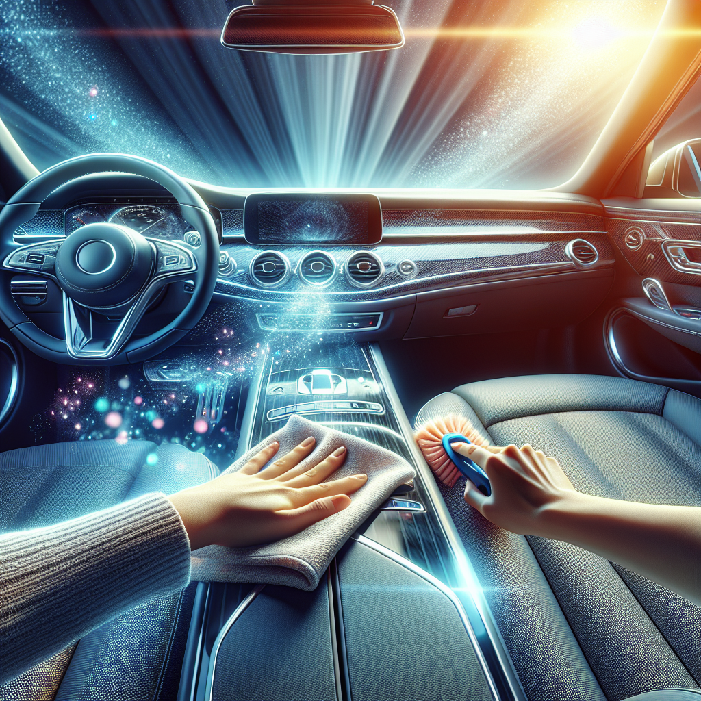 A bright, clean, and fresh car interior, bathed in natural sunlight. The dashboard is sparkling clean, and the seats appear meticulously vacuumed. A person's hand is seen gently wiping down a surface with a cloth, symbolizing thorough cleaning and the restoration of a neutral, pleasant scent. The atmosphere is inviting, airy, and suggests a renewed feeling. Realistic, detailed.