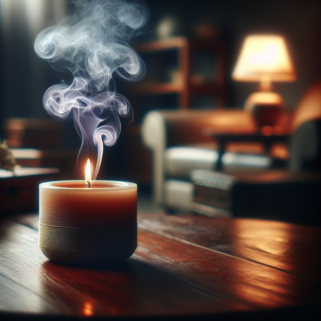 A close-up of a recently extinguished, still-warm scented candle on a polished wooden surface, with wisps of subtly colored, almost tangible, purple-grey smoke or scent swirling stubbornly in the air around it, refusing to dissipate. The background is a slightly blurred, cozy but dimly lit living room, hinting at a lingering, overwhelming aroma. The overall mood should convey persistence and a touch of annoyance. Realistic, detailed photography with a shallow depth of field.
