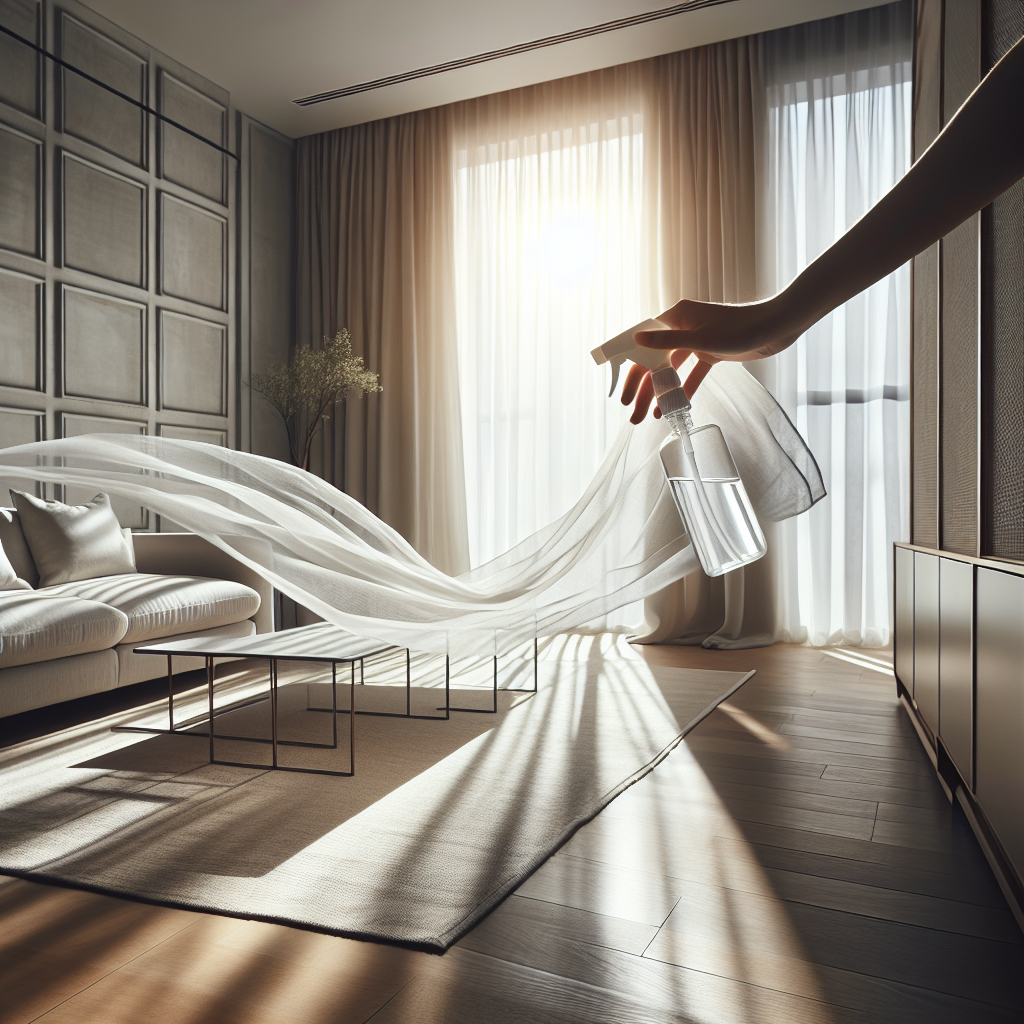 A bright and airy modern living room bathed in natural sunlight streaming through a wide-open window. A gentle breeze causes sheer white curtains to billow inward. A hand is seen holding a spray bottle or a clean cloth, subtly suggesting a cleaning action, but the primary focus is on the feeling of crisp, clean air and renewed freshness. The room is minimalist, tidy, and exudes a sense of lightness and purity. Realistic, high-key photography.