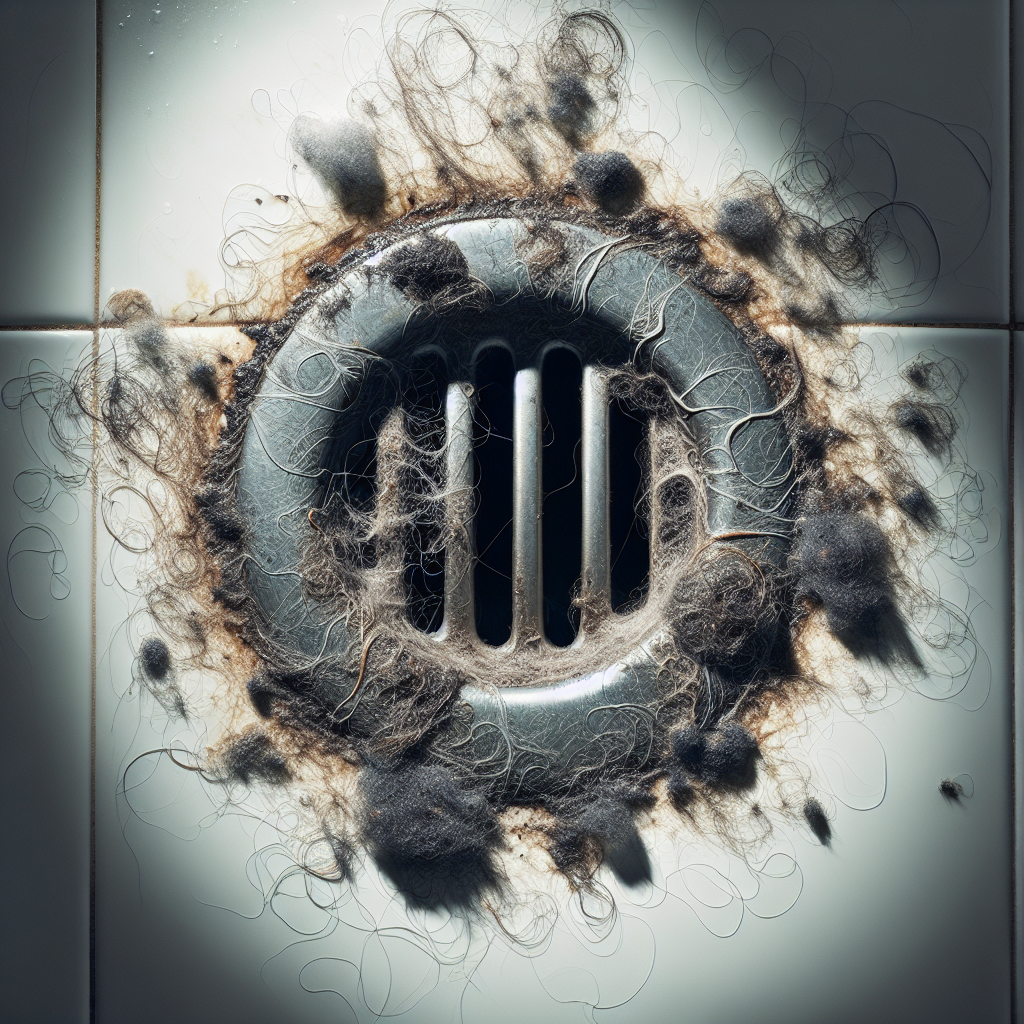 A close-up, slightly unsettling photo of a shower drain emitting visible, unpleasant gray-green fumes. Strands of hair and dark soap scum are visibly clinging to the drain grate and clogging the opening. The lighting is dim and casts shadows, emphasizing a neglected and unhygienic feeling in a bathroom. Focus on the grimy texture and the visual representation of foul odor, realistic photo style.