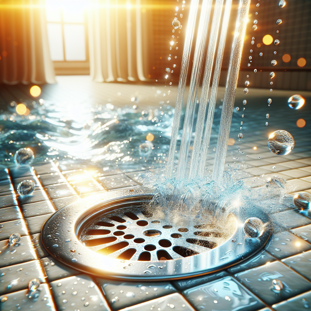 A bright, inviting photo of a perfectly clean and sparkling shower drain with clear water gently flowing down. The shower area is pristine, illuminated by soft, natural light, and gives off a strong sense of freshness and hygiene. There are no visible clogs or grime, conveying a feeling of relief and cleanliness. Subtle, delicate bubbles or steam might be present to emphasize freshness, realistic photo style.