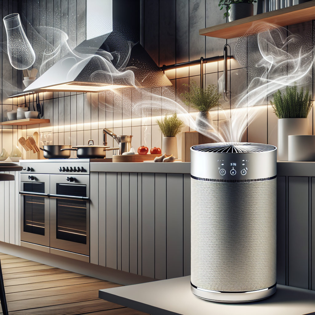 A modern Dyson air purifier elegantly placed in a stylish kitchen, actively drawing in subtle wisps of cooking steam and odors (e.g., from a pan on a stove). A visual representation of fresh, clean air gently flowing out from the device, creating a clear, pristine atmosphere in the kitchen. The scene should evoke cleanliness and advanced technology.