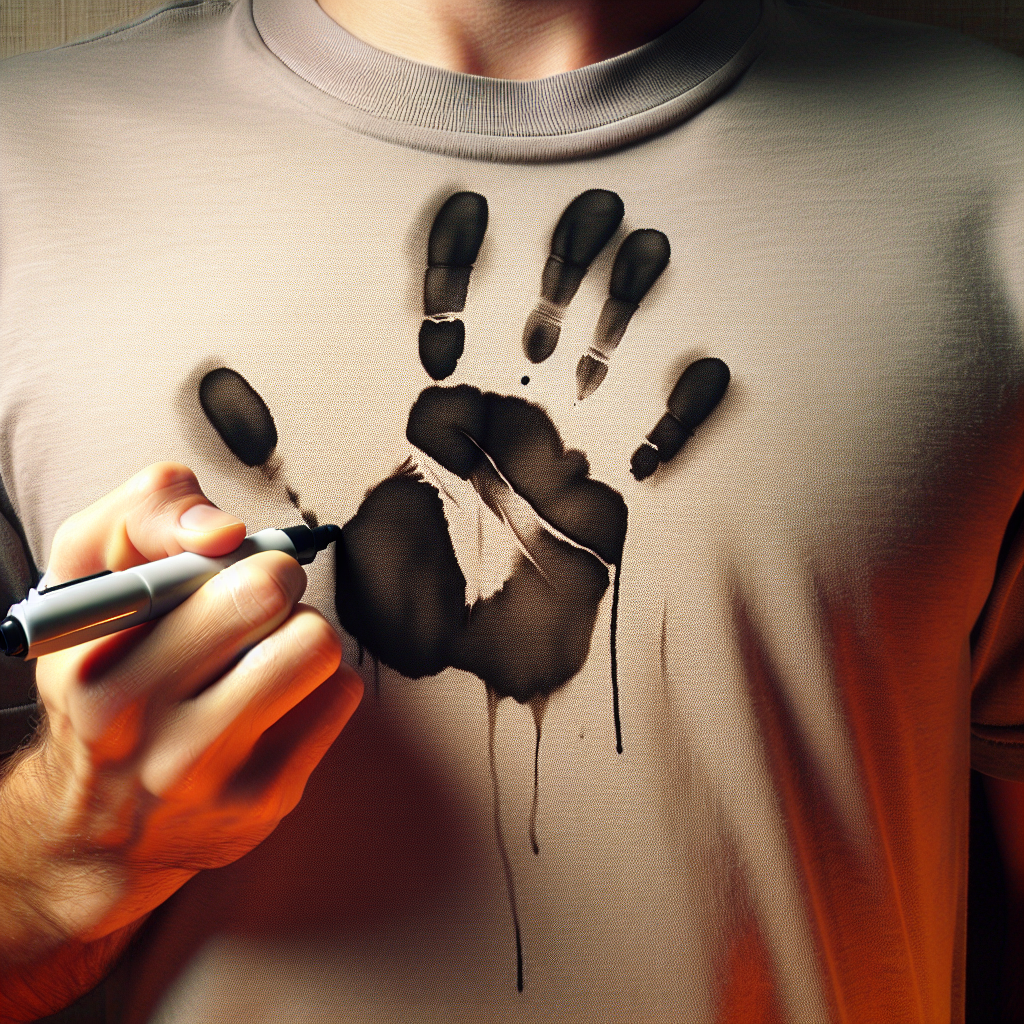 Close-up, highly detailed photo of a vibrant, soft cotton t-shirt with a stark, fresh black Edding permanent marker stain. The stain is a clear, dark mark on the fabric. A slightly blurred hand is seen in the background, expressing mild frustration or surprise. Natural lighting, focus on texture and color contrast, realistic style.