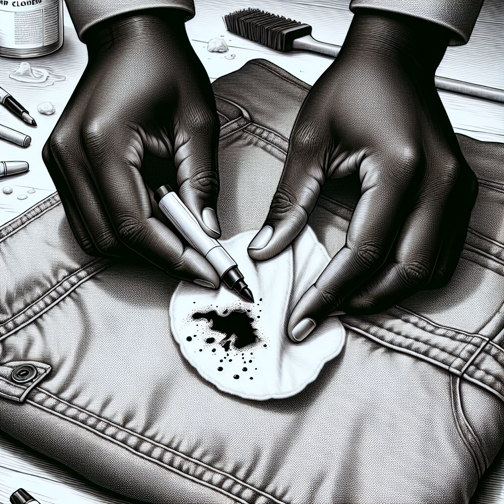 Overhead view, detailed photographic image of hands carefully dabbing a small, stubborn black permanent marker (Edding) stain on a light-colored piece of clothing (like a denim jacket or white canvas sneaker) using a cotton pad soaked in a clear liquid. Various cleaning supplies are softly blurred in the background, suggesting a home environment. Focus on the cleaning action and a sense of careful restoration, realistic style.