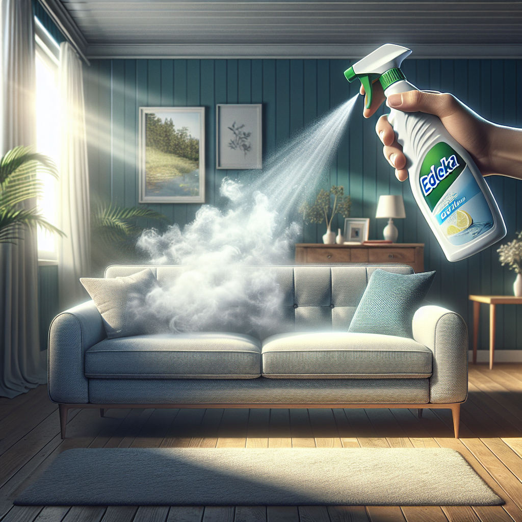 A close-up shot of an Edeka-style odor remover spray bottle in action, emitting a fine, refreshing mist over a plush sofa in a sunlit, clean living room. A faint, almost transparent hint of a 'bad odor cloud' is seen dissipating away from the sofa, replaced by a visual representation of fresh, clean air and light. Realistic, bright, and inviting. The spray bottle has a recognizable white and green label.