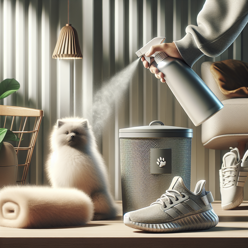A modern, bright home interior scene. On a clean surface, a pair of slightly used sports shoes, a fluffy pet blanket, and a small, stylish trash can are subtly arranged. A hand holds a sleek Edeka-style odor remover spray bottle, with a fine mist gently covering these items. The overall atmosphere is clean, fresh, and free of unpleasant odors, emphasizing neutralization. Realistic, high-key lighting, capturing the product effectively addressing everyday odor challenges.
