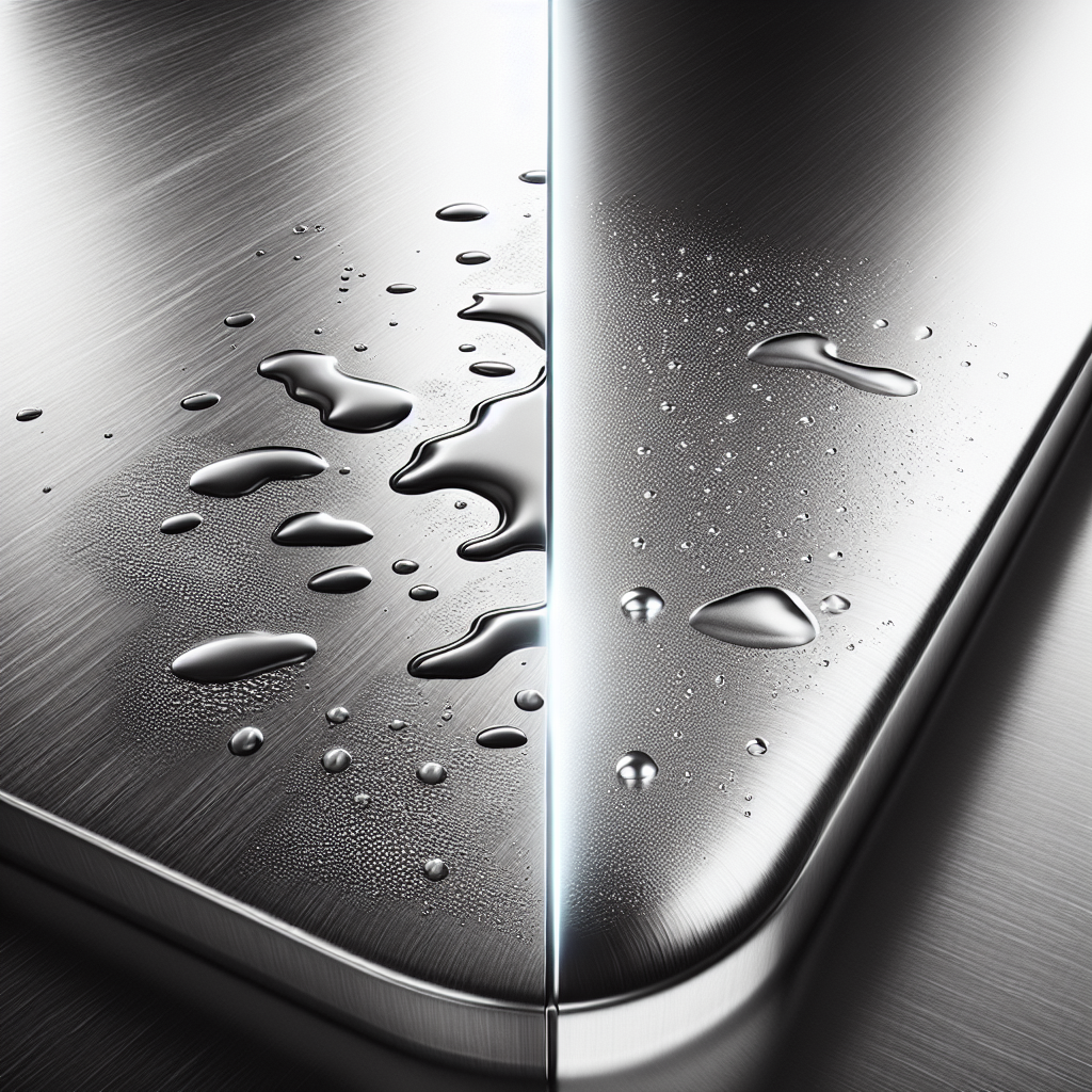 A close-up split image of a modern stainless steel kitchen surface, showing a clear contrast: one side is dull with visible water stains, fingerprints, and light smudges; the other side is sparkling clean, highly reflective, and streak-free. Realistic lighting emphasizes the difference in shine.