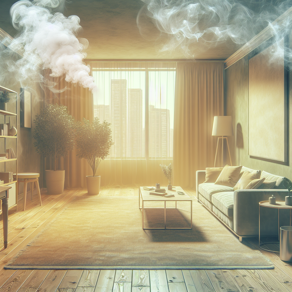 An apartment living room appearing stale and slightly discolored with a yellowish tint, a subtle, transparent cloud-like haze indicating persistent nicotine odor. The scene evokes a feeling of discomfort and the urgent need for freshness. Realistic photo.