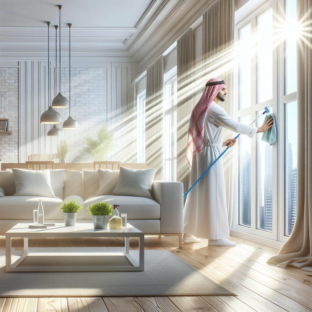 A bright and airy apartment living room, transformed and sparkling clean. Sunlight streams through wide-open windows, revealing clear, fresh air. A person is actively cleaning in the background, perhaps wiping a wall or hanging a freshly washed curtain. The room feels renewed, inviting, and free from any unpleasant odors, symbolizing successful nicotine smell removal. Realistic, uplifting photo.
