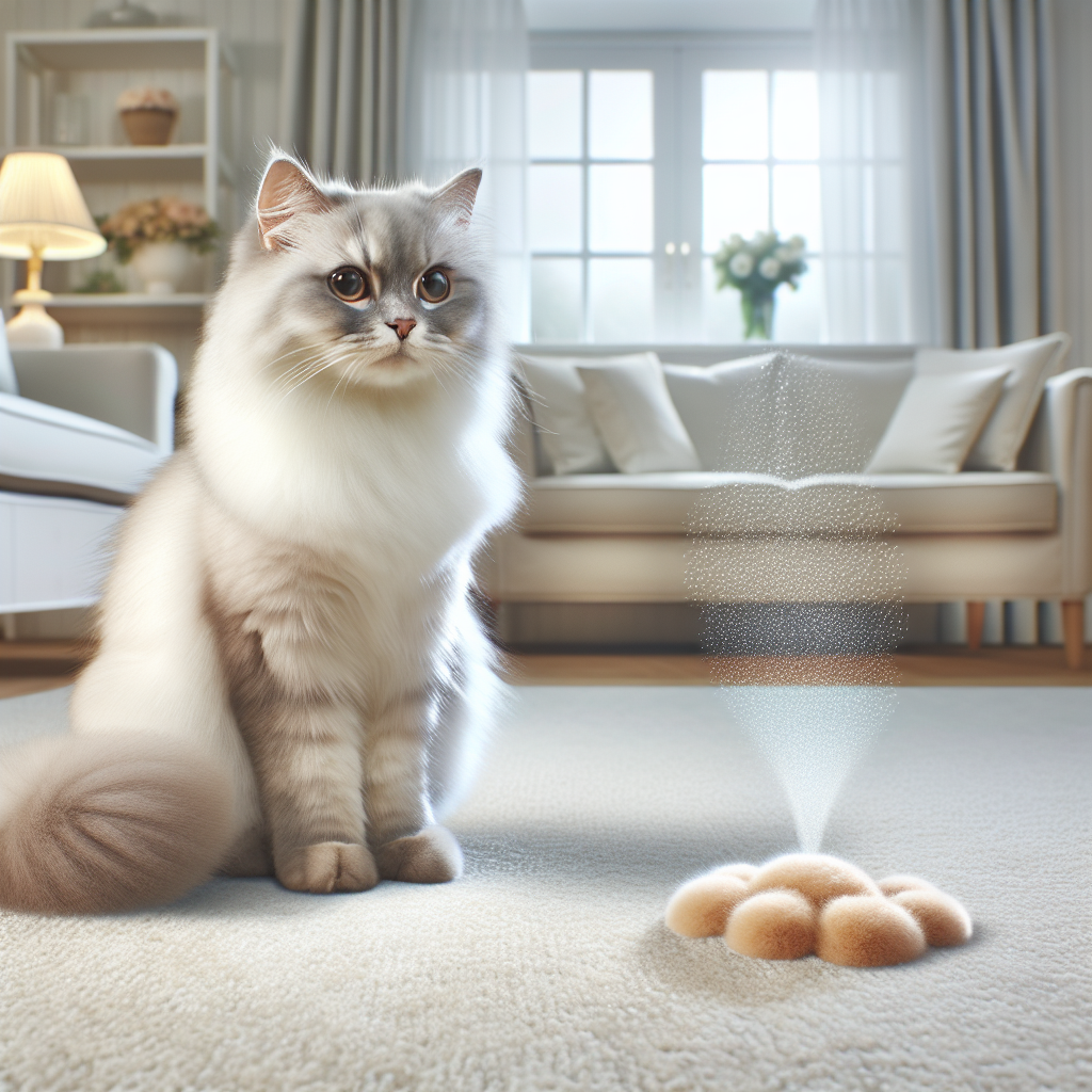 A cute, fluffy cat sits inquisitively near a subtle, symbolic cat urine stain on a light-colored rug in a bright, clean living room. Gentle, ethereal wisps or tiny, benevolent light particles representing 'Effective Microorganisms' are shown actively neutralizing the stain and odor, creating a sense of freshness and cleanliness. Realistic photograph, soft lighting.