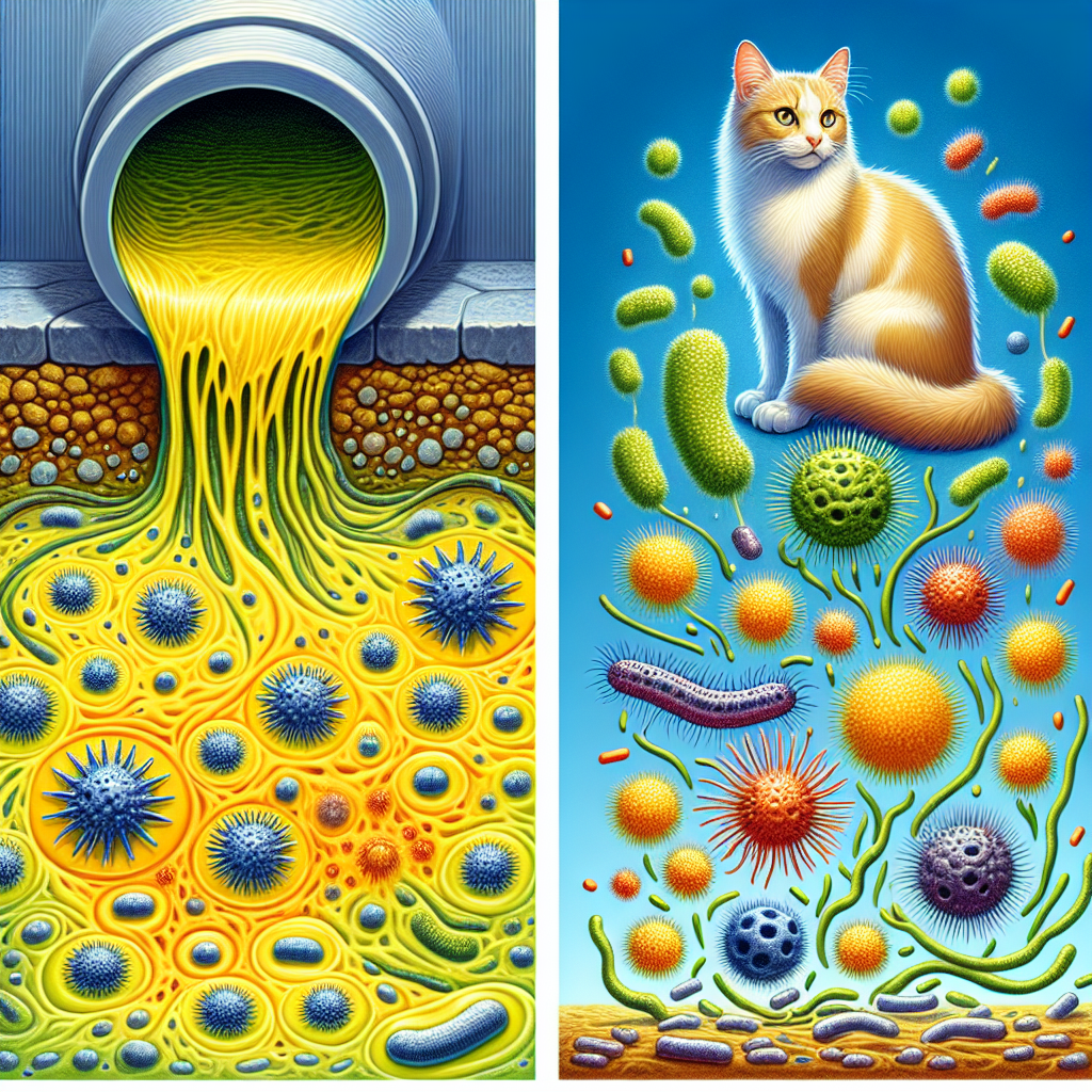 A conceptual illustration depicting the active process of 'Effective Microorganisms' breaking down cat urine. On one side, a stylized, unpleasant yellow stain with visible odor waves. On the other, the stain is visibly dissolving, replaced by a clean, fresh surface. Microscopic, active bacteria and fungi are depicted as tiny, helpful entities surrounding and consuming the urine molecules, symbolizing natural purification. Digital art, vibrant yet natural colors.