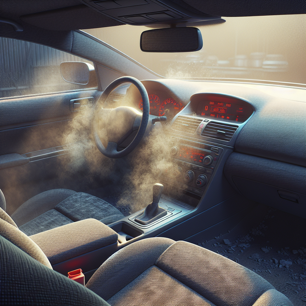 A close-up shot of a car's interior, focusing on slightly discolored fabric seats and a dashboard that appears to have a subtle, stale film. The atmosphere within the car hints at a lingering, unpleasant nicotine smell, conveying a sense of stubborn odor. Realistic, atmospheric, with a slightly muted color palette.