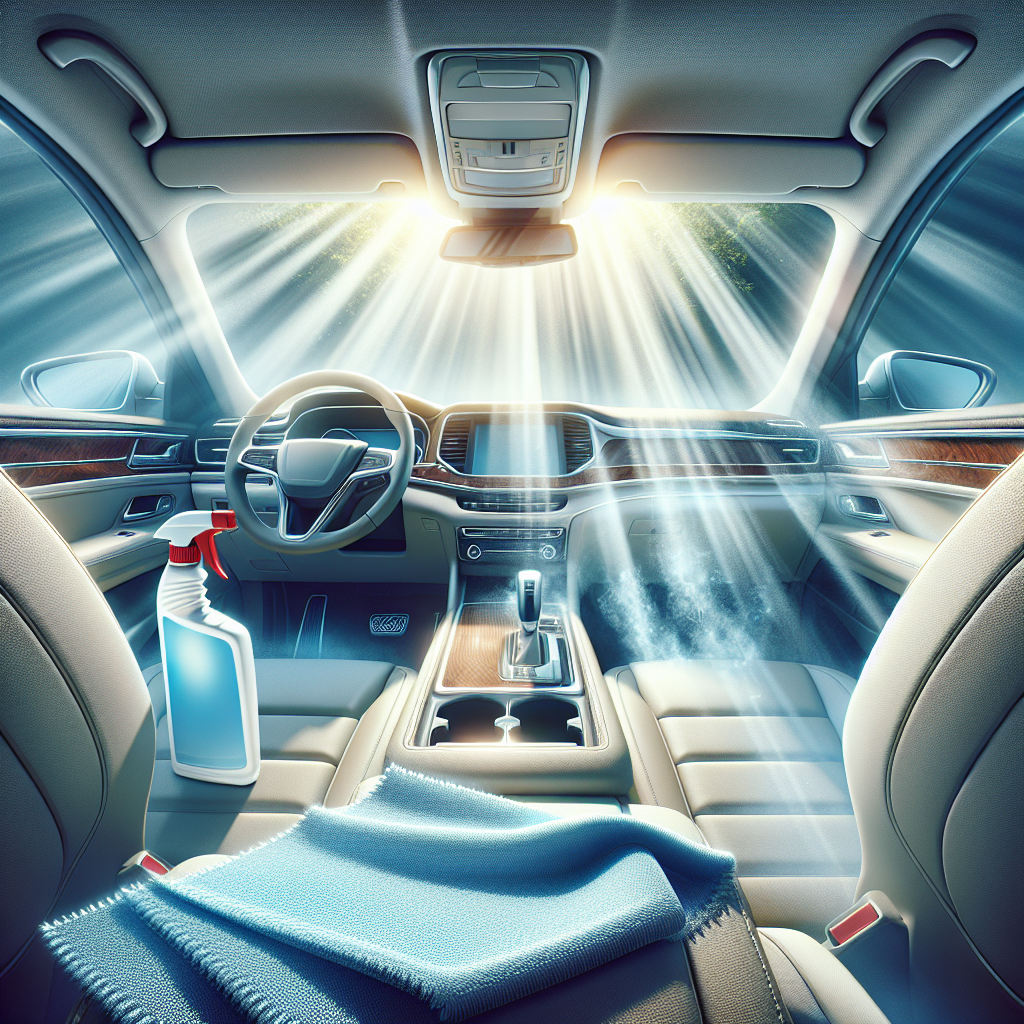 A bright and fresh car interior with all doors and windows wide open, allowing sunlight and a gentle breeze to stream through. A spray bottle of upholstery cleaner and a clean microfiber cloth are visibly placed on a seat, symbolizing active cleaning and ventilation. The car looks pristine, inviting, and completely odor-free. Realistic, clean, and vibrant.