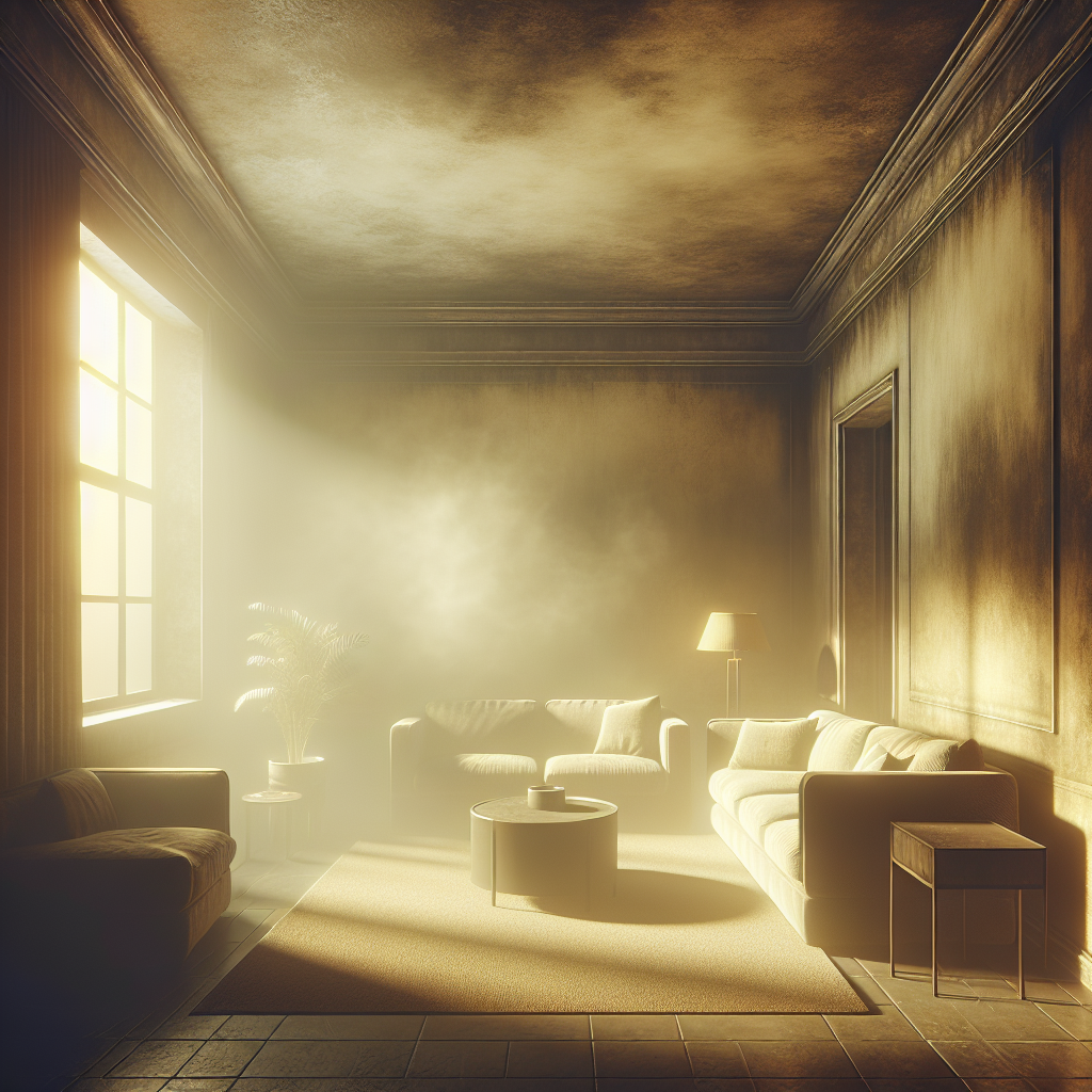 Photorealistic image of a dimly lit living room interior, filled with a visible, yellowish-brown haze of stale nicotine smoke. The walls are subtly discolored, and the overall atmosphere is uninviting and heavy, conveying a persistent, unpleasant odor. Focus on the dinginess and ingrained smell.