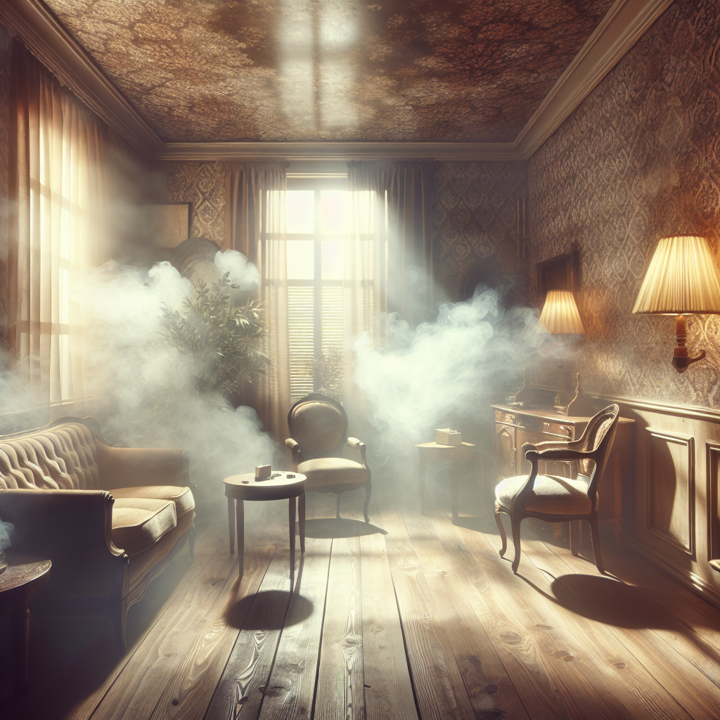 A dimly lit, slightly hazy room, depicting a persistent, unwelcome yellowish-brown odor clinging visibly to vintage fabric furniture and wallpaper. The atmosphere should convey a heavy, ingrained nicotine smell, making the air appear thick and unpleasant, without showing cigarettes or ash. Realistic, moody lighting.