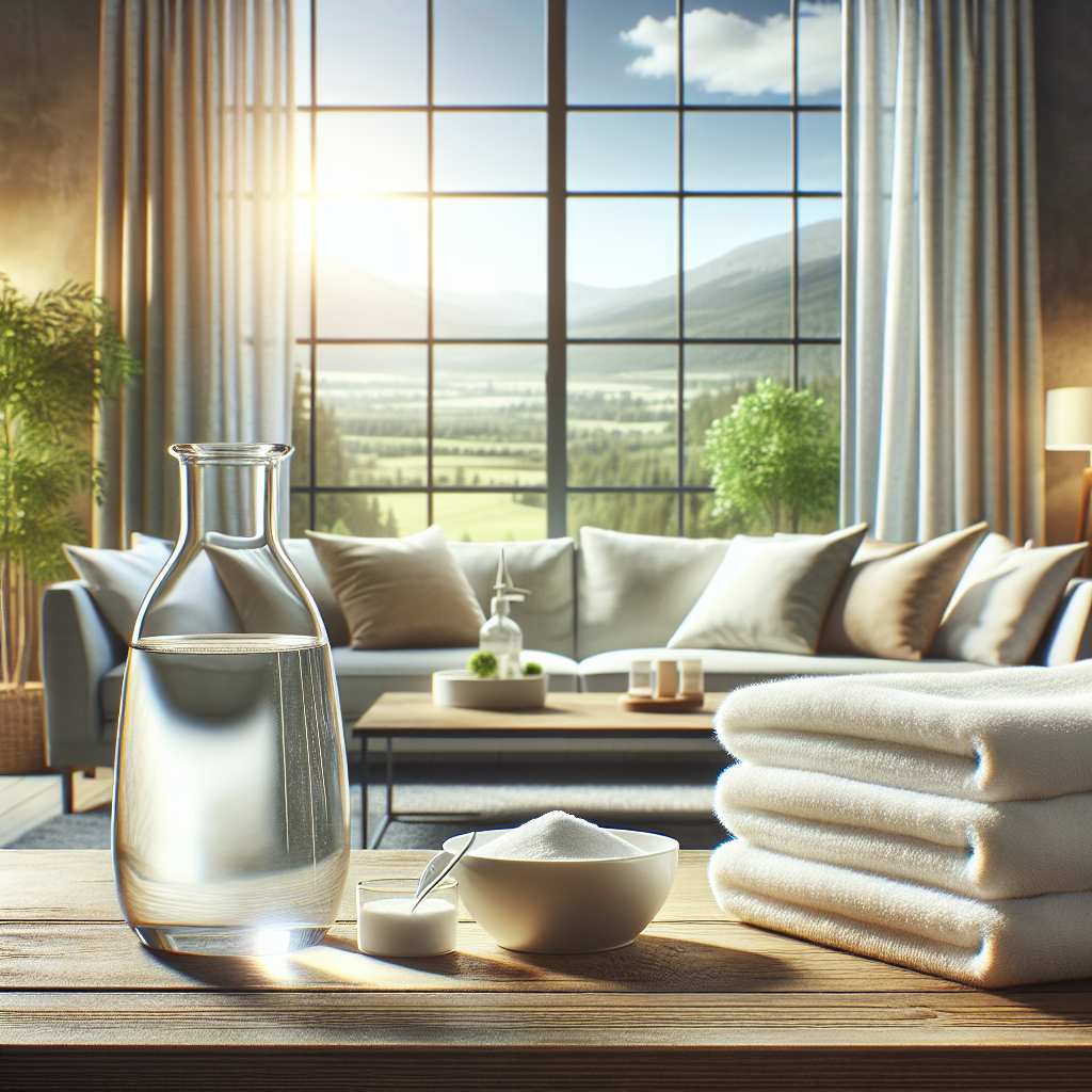A bright, airy living room with a large window wide open, letting in abundant natural light and a gentle breeze, symbolizing fresh air. On a clean coffee table, a discreet bowl of vinegar and a small dish of baking soda are placed, with a stack of fresh, clean towels nearby. The overall atmosphere is one of purity and renewal, hinting at the successful removal of stale odors.