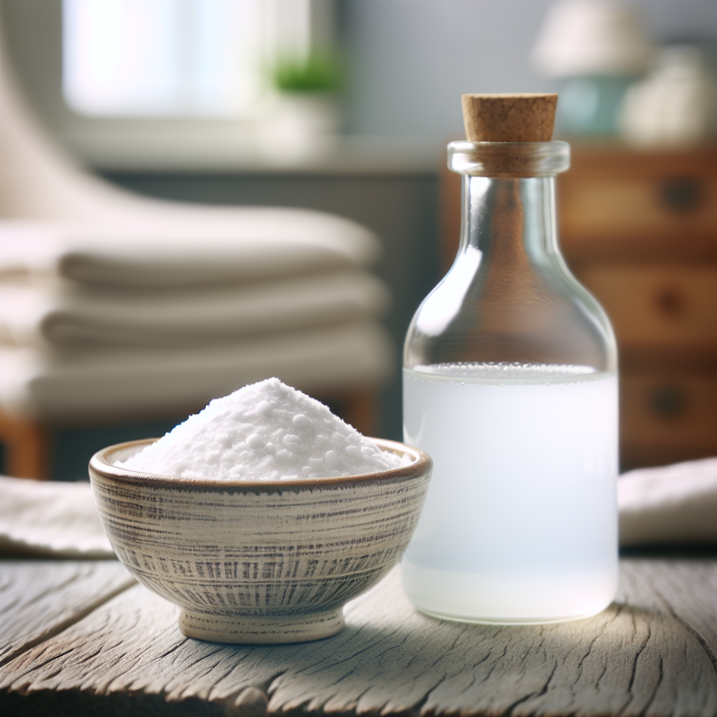 A close-up still life arrangement on a rustic wooden surface featuring natural odor-absorbing remedies. A clear glass bottle of white vinegar stands next to a small, elegant ceramic bowl filled with white baking soda. In the softly blurred background, hints of a freshly aired room with clean, light-colored textiles create a sense of cleanliness and effectiveness against smoke smell.