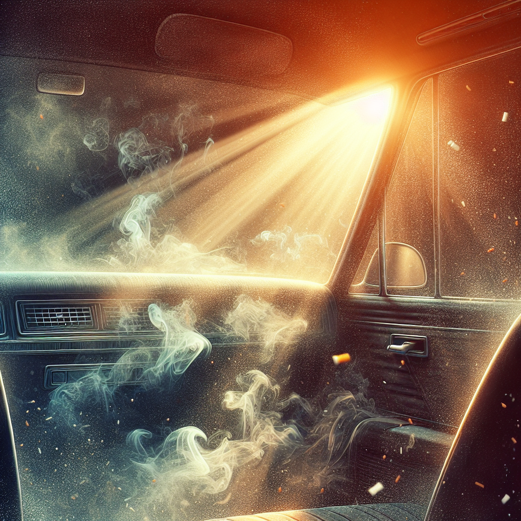 A close-up of a car's interior, showing a subtle, lingering haze of cigarette smoke. A ray of bright, clean sunlight streams through an open window, illuminating dust motes and creating a strong visual contrast between the unpleasant, trapped air and the promise of freshness. Emphasize the feeling of a persistent, unwelcome odor.