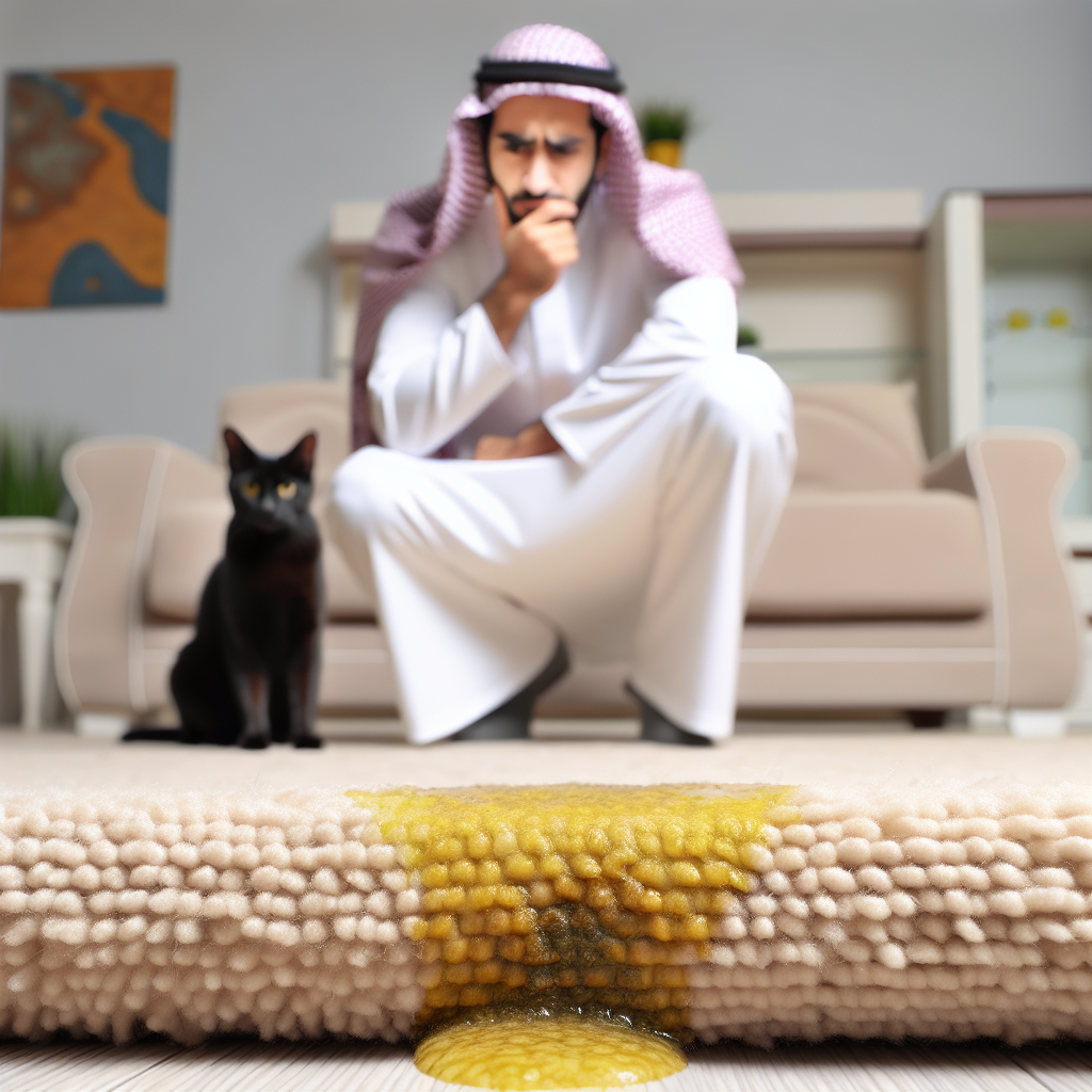A close-up, realistic image of a distinct, yellowish cat urine stain soaking into a light-colored carpet in a modern living room. In the background, slightly out of focus, a frustrated or thoughtful person inspects the stain, conveying the persistent problem of cat urine.
