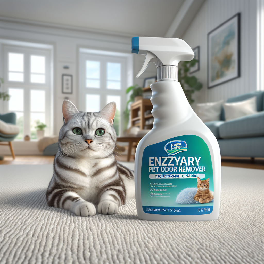 A sparkling clean floor or carpet section, with a bottle of a professional 'Enzymatic Pet Odor Remover' prominently displayed next to a content, relaxed cat. The background is bright and airy, symbolizing a fresh, odor-free home after successful cleaning. Realistic, positive and clean aesthetic.