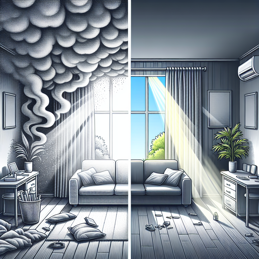 A dynamic illustration showing a room transforming. On one side, a living space filled with visible, unpleasant gray smoke and a stale atmosphere. On the other side, the same space is bright, clear, and filled with fresh, clean air, with light shining through, symbolizing the complete elimination of smoke odor. High contrast, clean aesthetic.