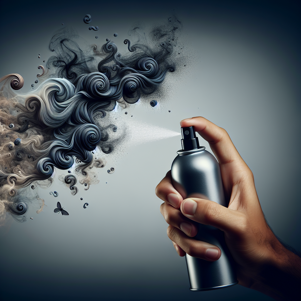Close-up of a hand holding a modern, minimalistic spray bottle, emitting a fine mist. The mist is actively dissolving or neutralizing swirling, dark, abstract smoke molecules in the air, transforming them into light, fresh, airy particles. The background is slightly blurred, suggesting a clean environment emerging. Focus on the action and the concept of neutralization.