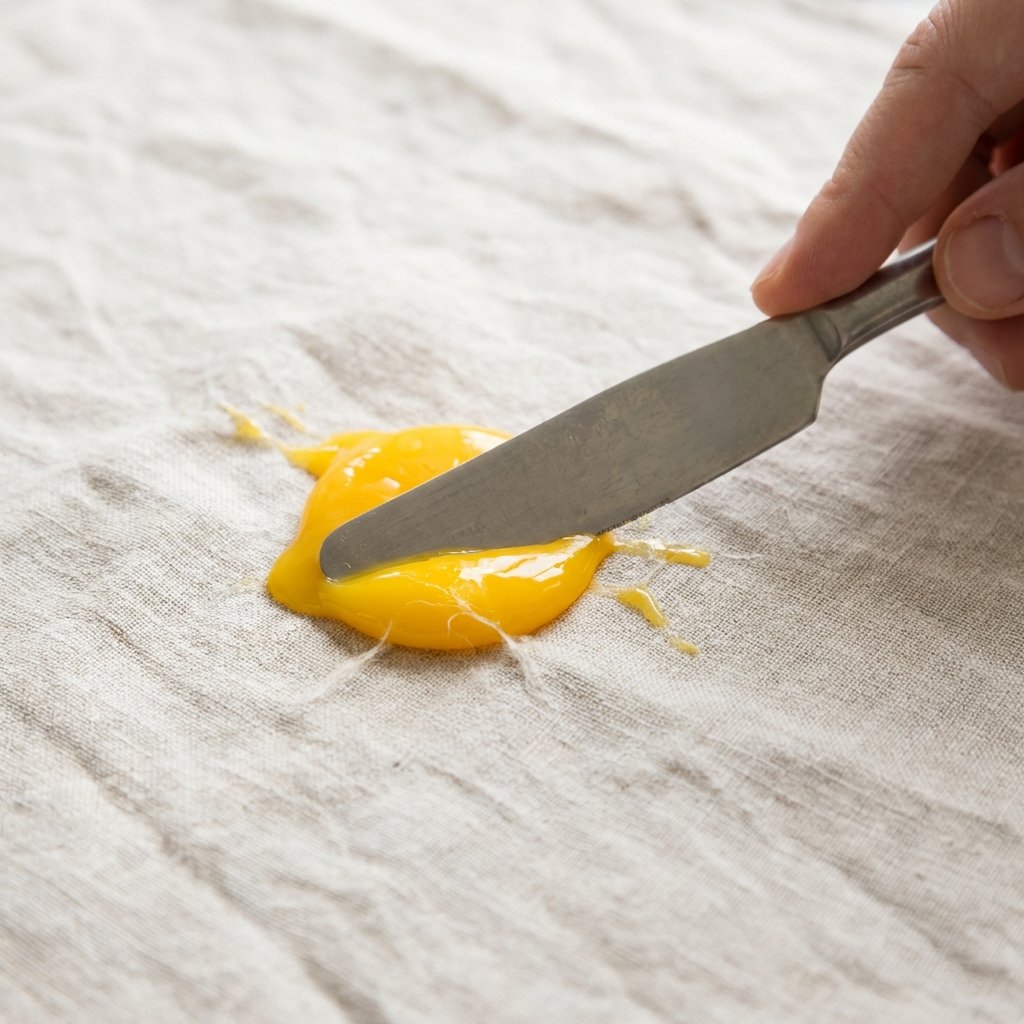 A close-up, dynamic shot of a vibrant yellow egg yolk stain splattered onto a textured fabric, such as a light-colored cotton t-shirt or linen tablecloth. A hand, holding a dull kitchen knife or the edge of a spoon, is gently starting to scrape away the excess, clearly illustrating the initial step of carefully removing the bulk of the fresh egg yolk from the textile surface. Professional photo, with a shallow depth of field, focusing sharply on the stain and the delicate scraping action, using natural light to highlight fabric textures and the vivid yellow of the yolk.