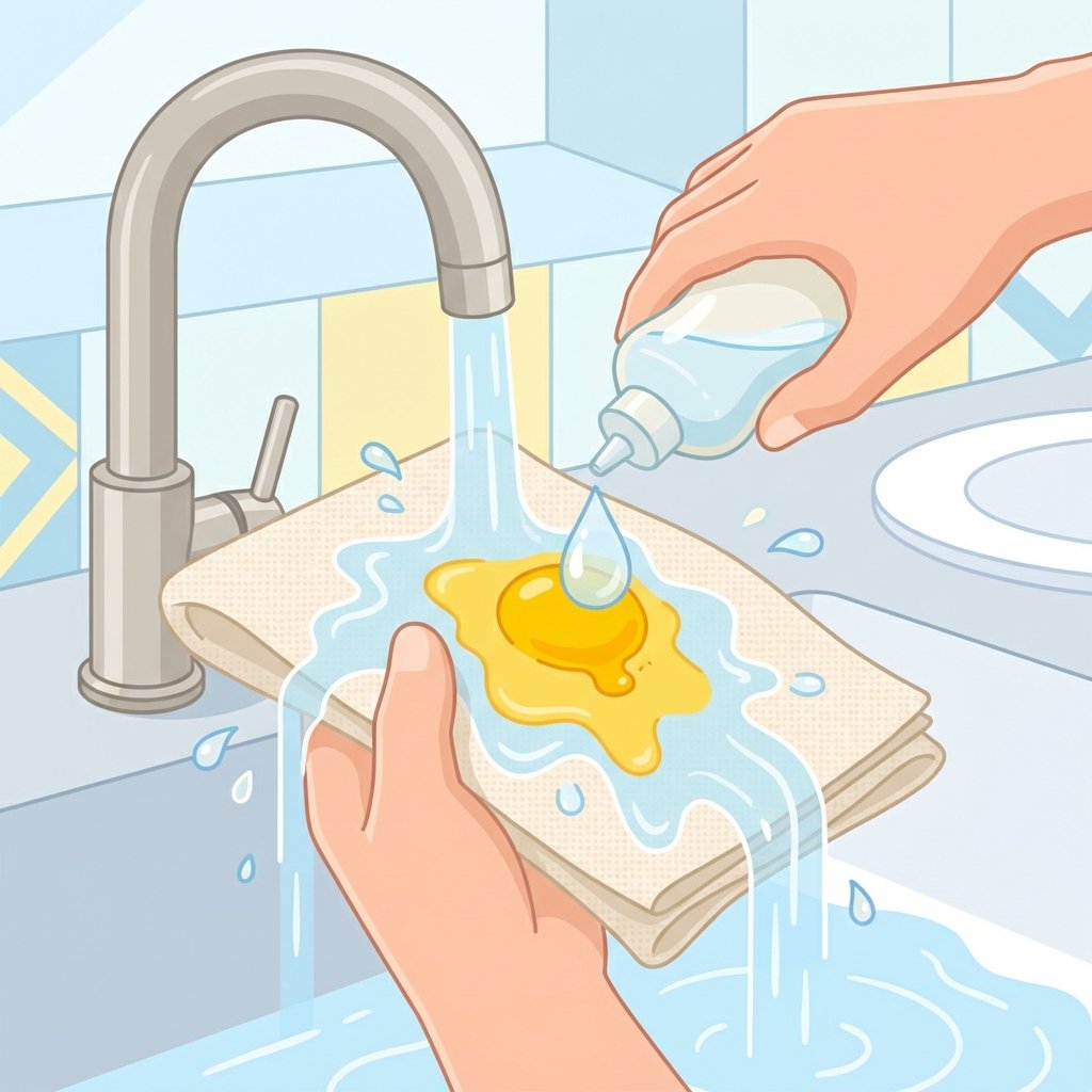 A bright, clean flat illustration or vector art scene depicting a pair of hands carefully holding a piece of light-colored fabric (e.g., a shirt sleeve or napkin) under a gentle stream of cold running water from a modern kitchen tap. A visible yellow egg yolk stain is centered on the fabric. One hand is squeezing a small, clear drop of liquid dish soap directly onto the stain, demonstrating the application step. The water splashes gently around the stained area, conveying the rinsing and cleaning action with cool tones.