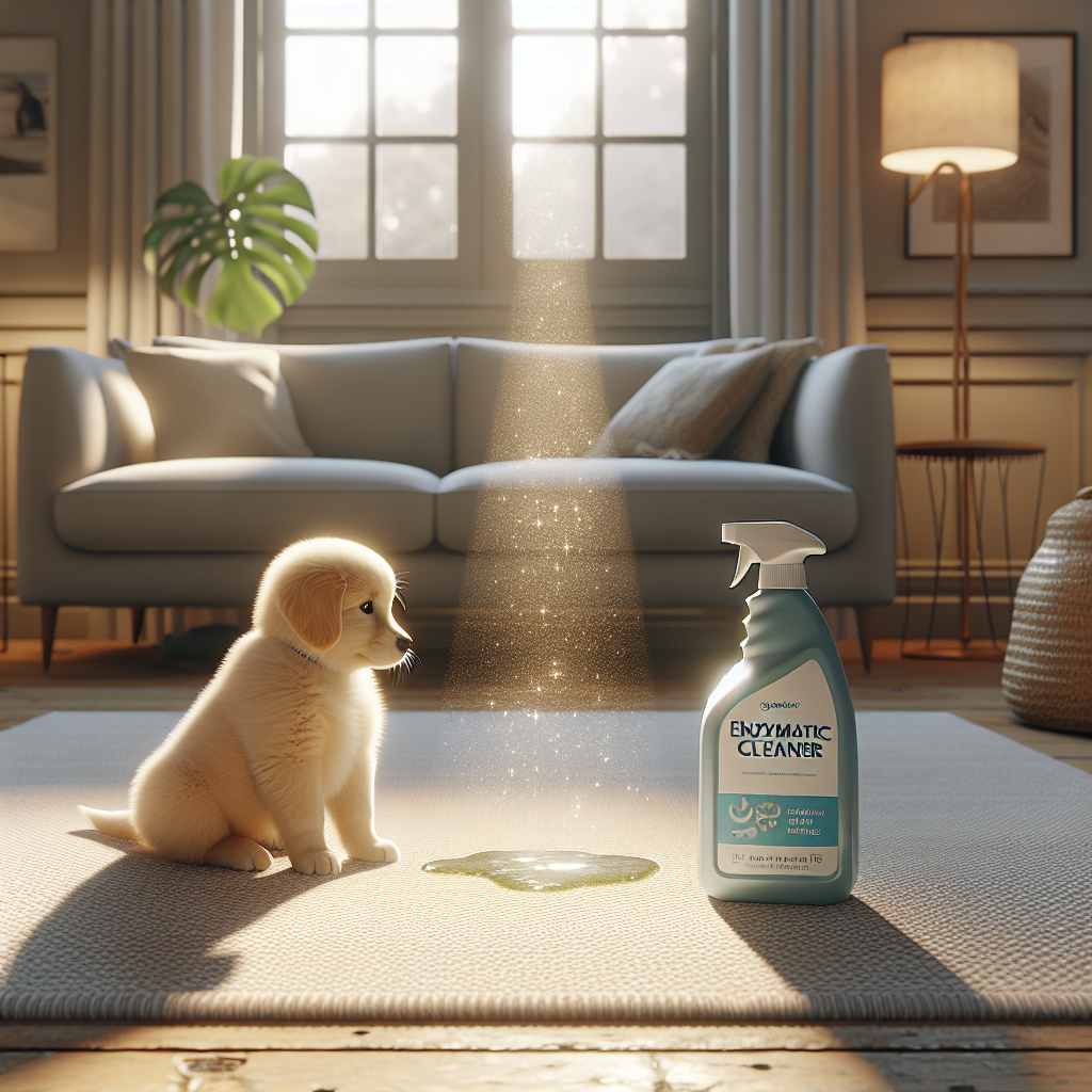 A cozy, sunlit living room with a light-colored rug. A small, golden retriever puppy looks with slight curiosity at a nearly invisible, subtle wet spot on the rug. Next to it, a modern bottle of 'Enzymatic Cleaner' stands. A gentle, ethereal glow or a stream of sparkling light emanates from the bottle, metaphorically dissolving the spot and transforming the area into pristine cleanliness. The atmosphere is calm, clean, and reassuring, conveying an easy solution for pet owners. High detail, realistic style.